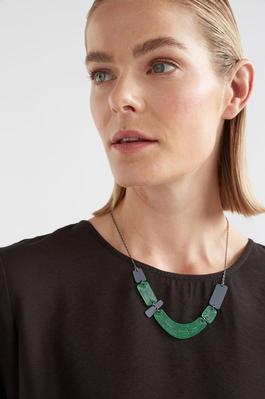 Kaiva Chain and Colour Coated Geometric Statement Mid Length Necklace model | BRIGHT NAVY