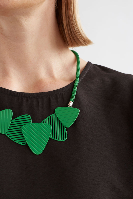 Tri Snake Chain and Colour Coated Triangle Geometric Statement Mid Length Necklace Model Detail | VINE GREEN