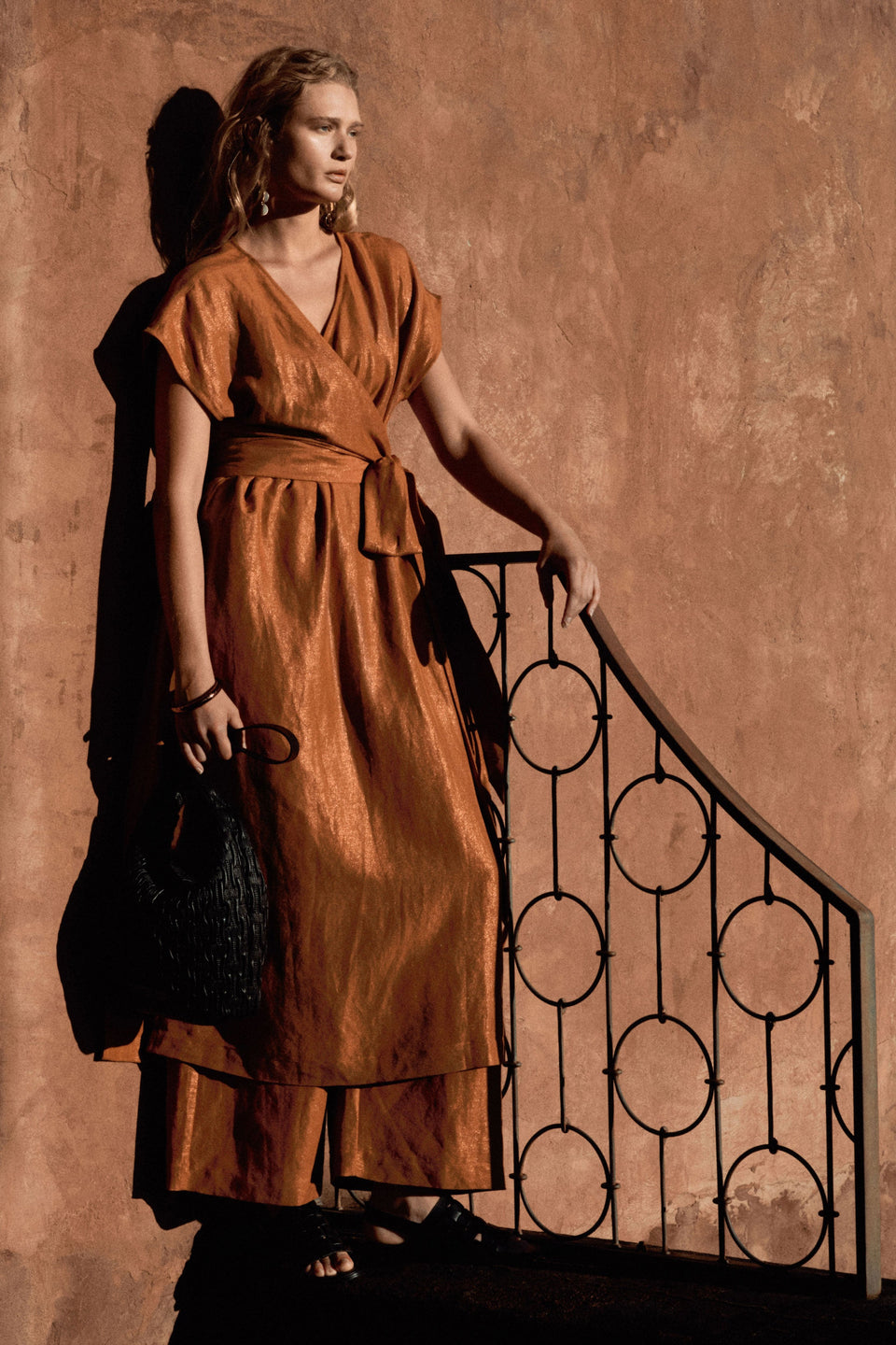 Jopa Copper Metallic Midi Short Sleeve Wrap Dress with waist tie campaign Model front | COPPER