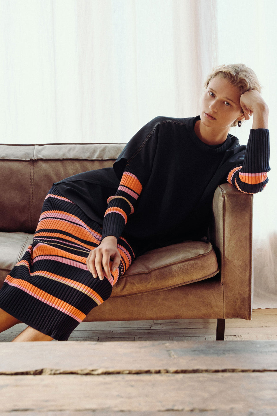 Slinki Stretch Ribbed Striped Navy, Orange and Pink Midi Pencil Skirt Campaign Model Front | SLINKI STRIPE