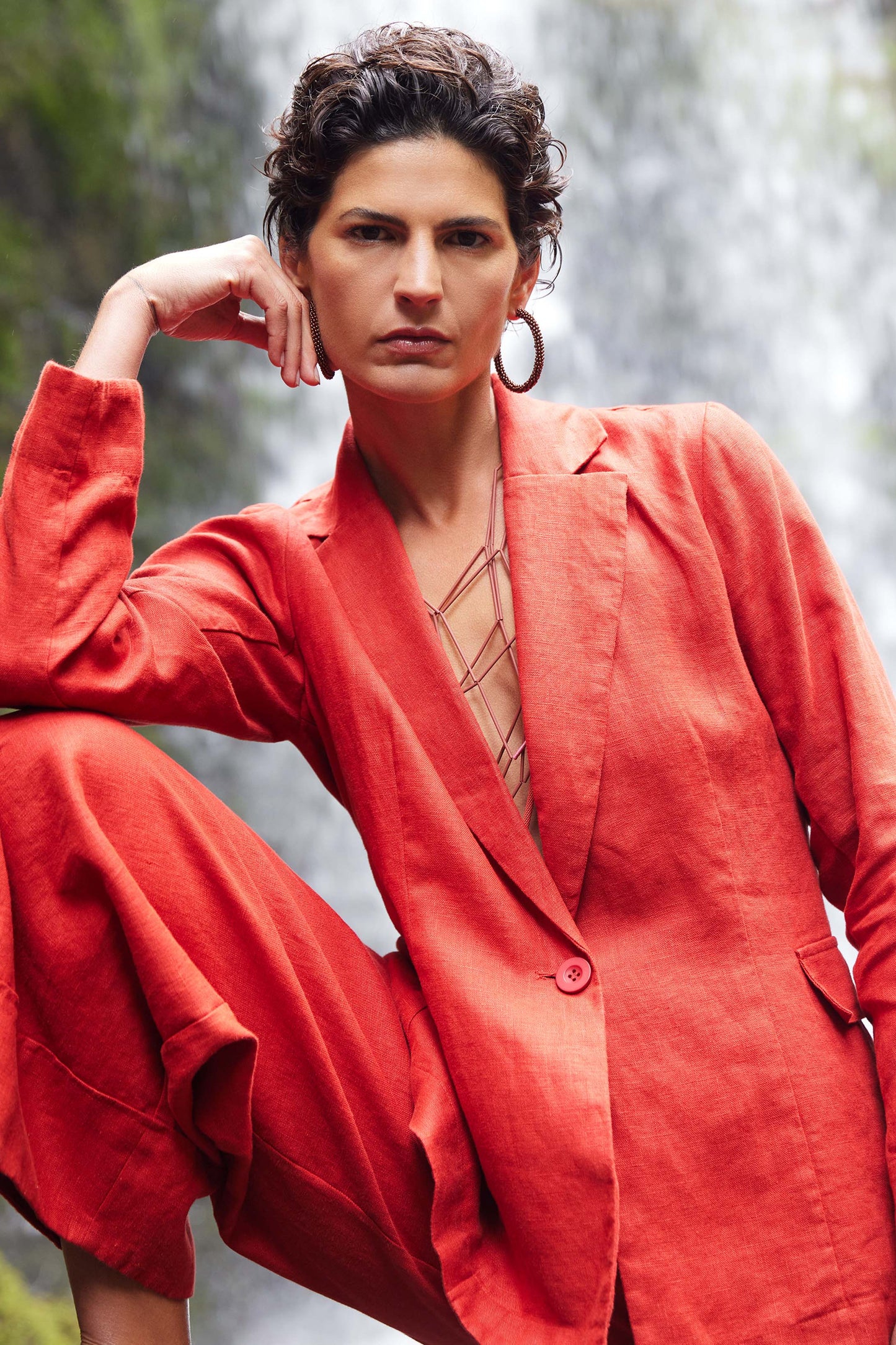 Ilona Linen Single Button Blazer Campaign Model Front | SANGRIA