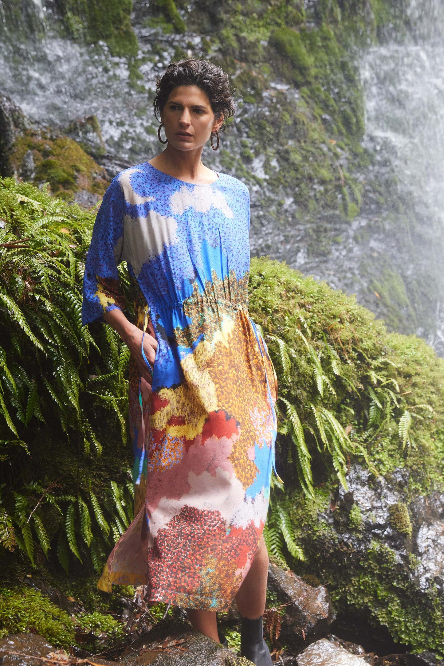 Pej Batwing Drawstring Waist Placement Print Statement Silky Midi Dress Model Campaign | TAROT PRINT