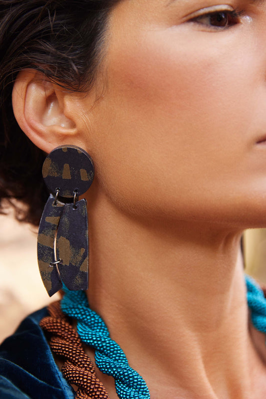 Jerra Wooden Geometric Drop Earring Model Campaign | OLIVE WARP CHECK PRINT