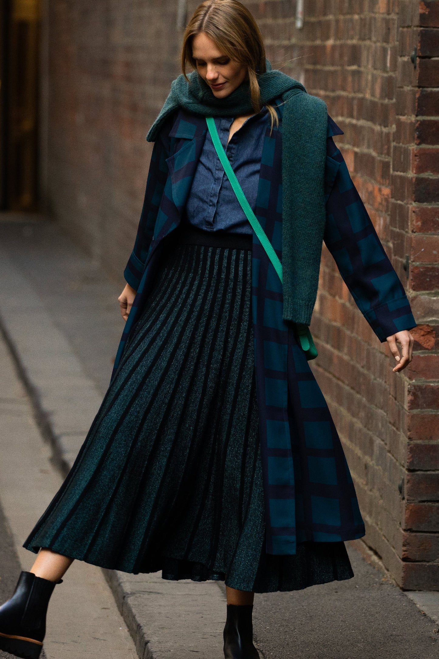 Glittra Lurex Knit Metallic A-Line Skirt Model Front Campaign | TEAL METALLIC