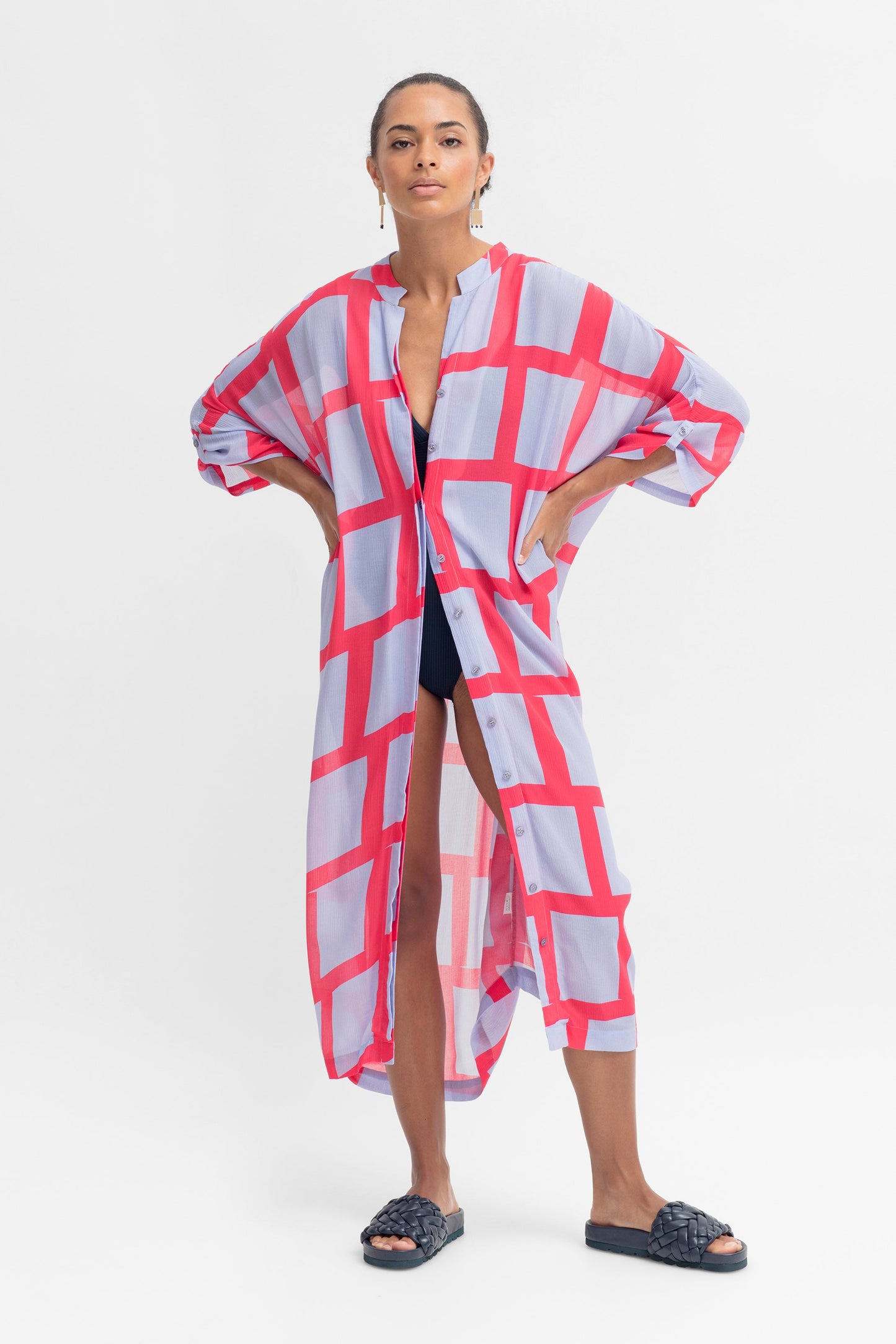 Soma Relaxed Kaftan Style Multi-Way Viscose Shirt Dress Model Front as Beach Cover-up | BLUEBELL CORAL ALSKAR PRINT