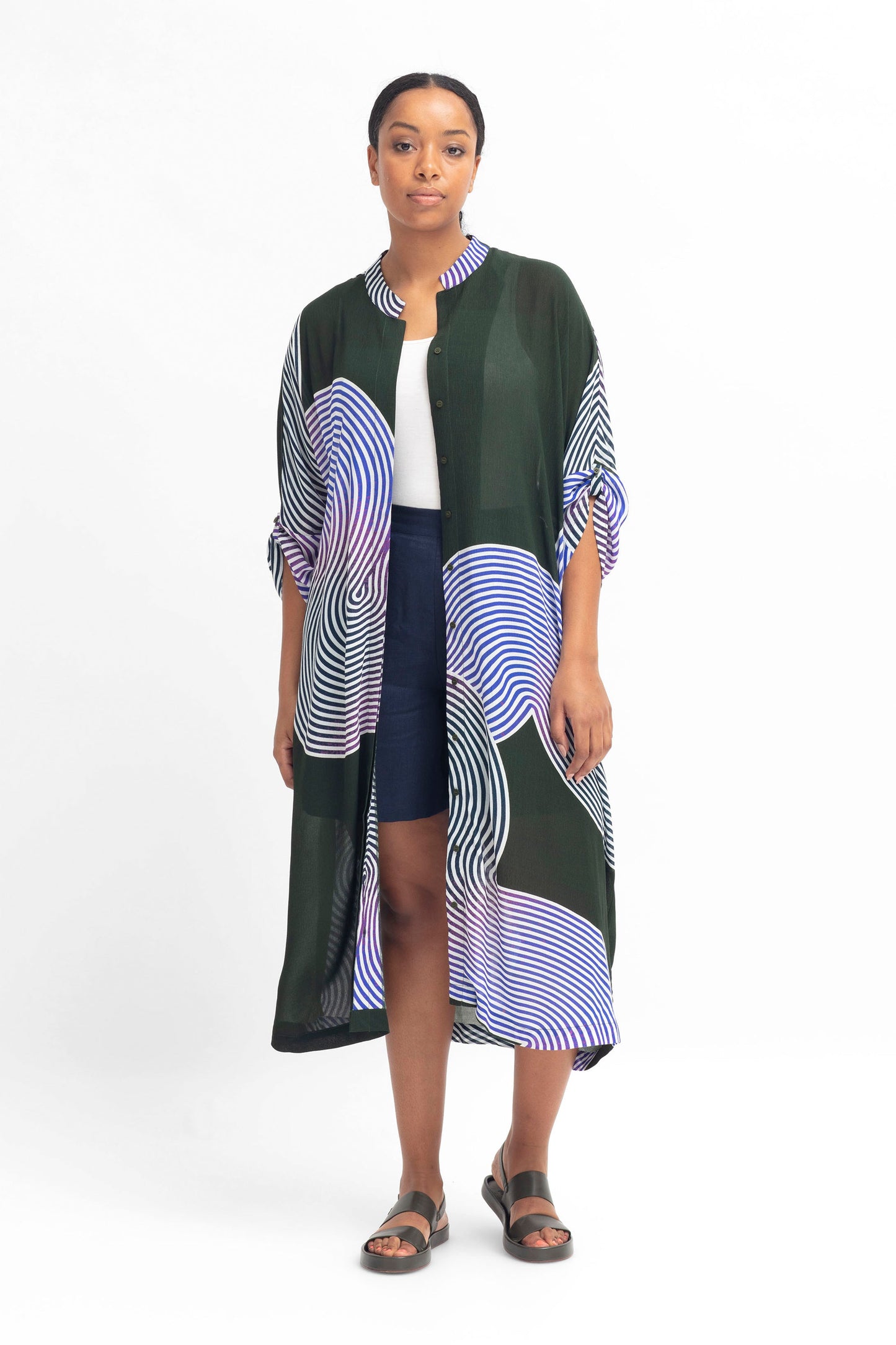 Soma Relaxed Kaftan Style Multi-Way Viscose Shirt Dress Model Front as Duster Jacket | OLIVE VIRLA PRINT