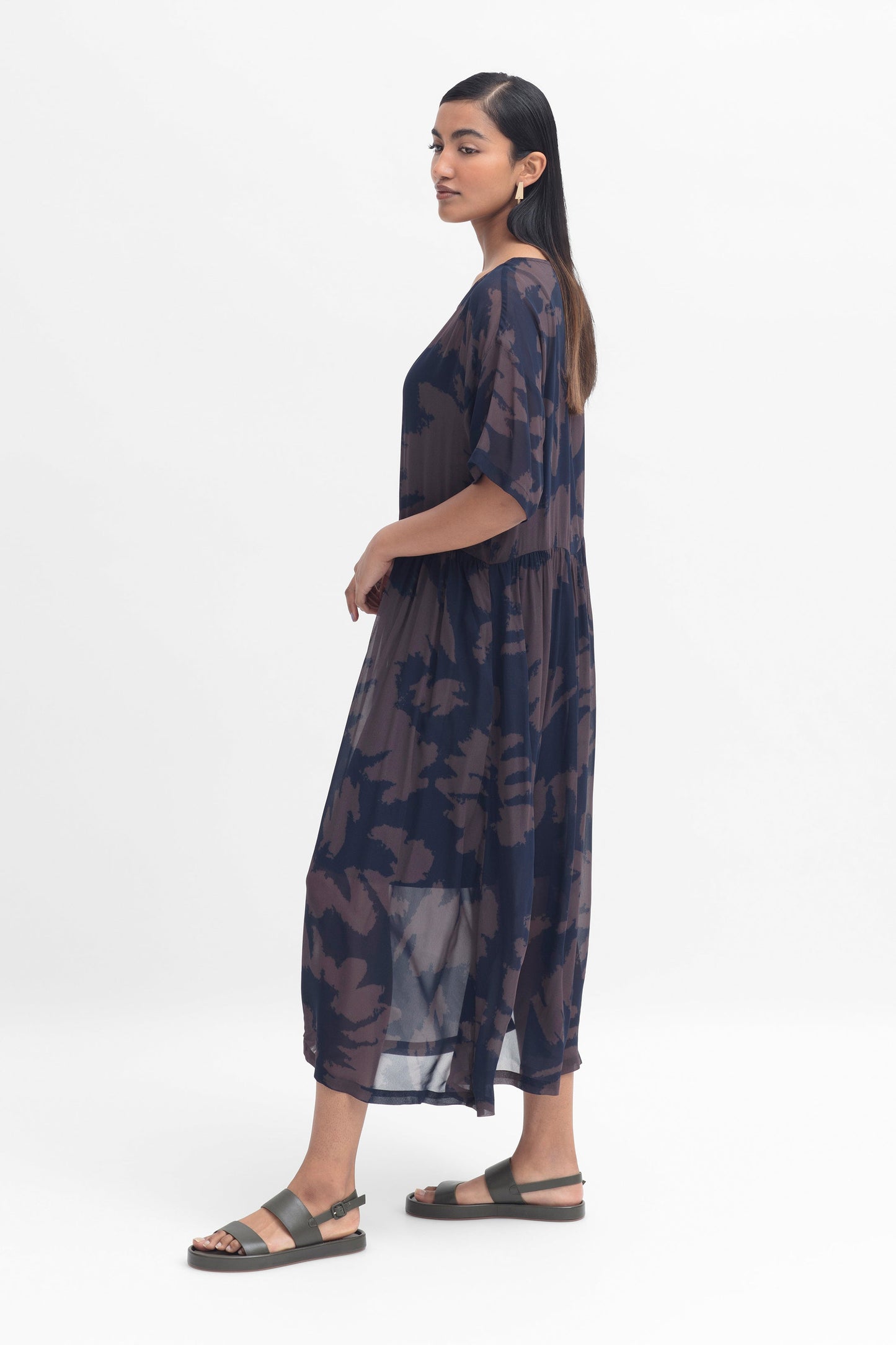 Ravnen Print Sheer Dress and Slip Model Side | CHOCOLATE NAEMI PRINT