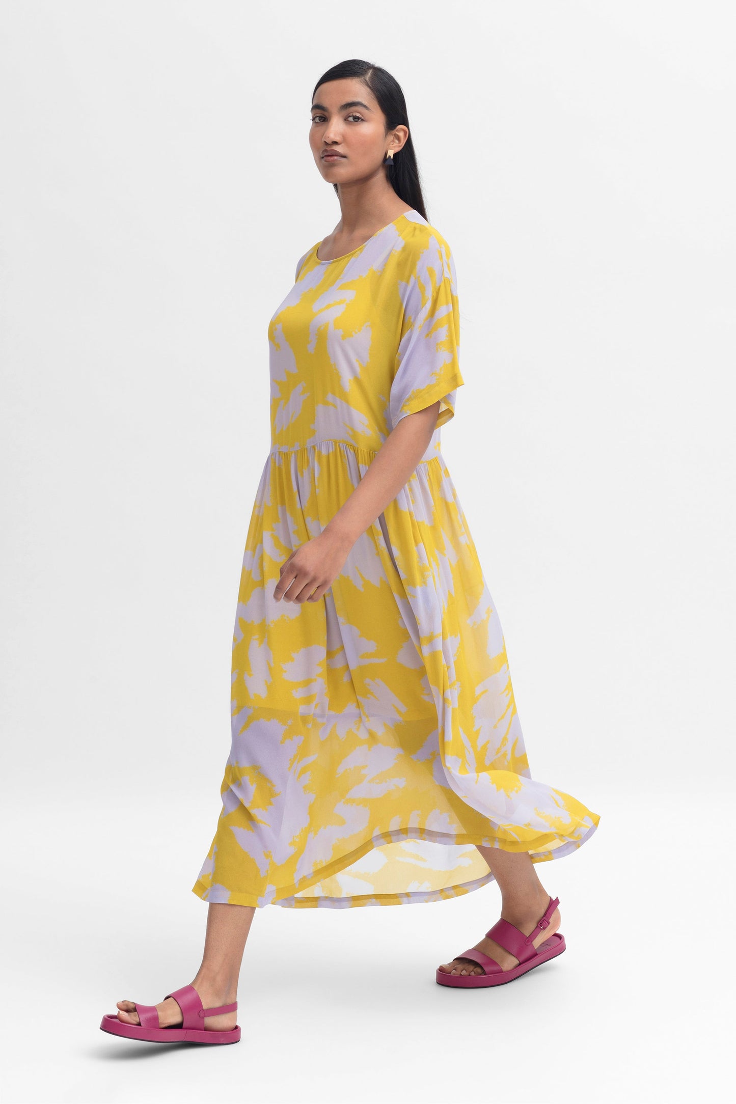Ravnen Print Sheer Dress and Slip Model Side Walking | SAFFRON NAEMI PRINT