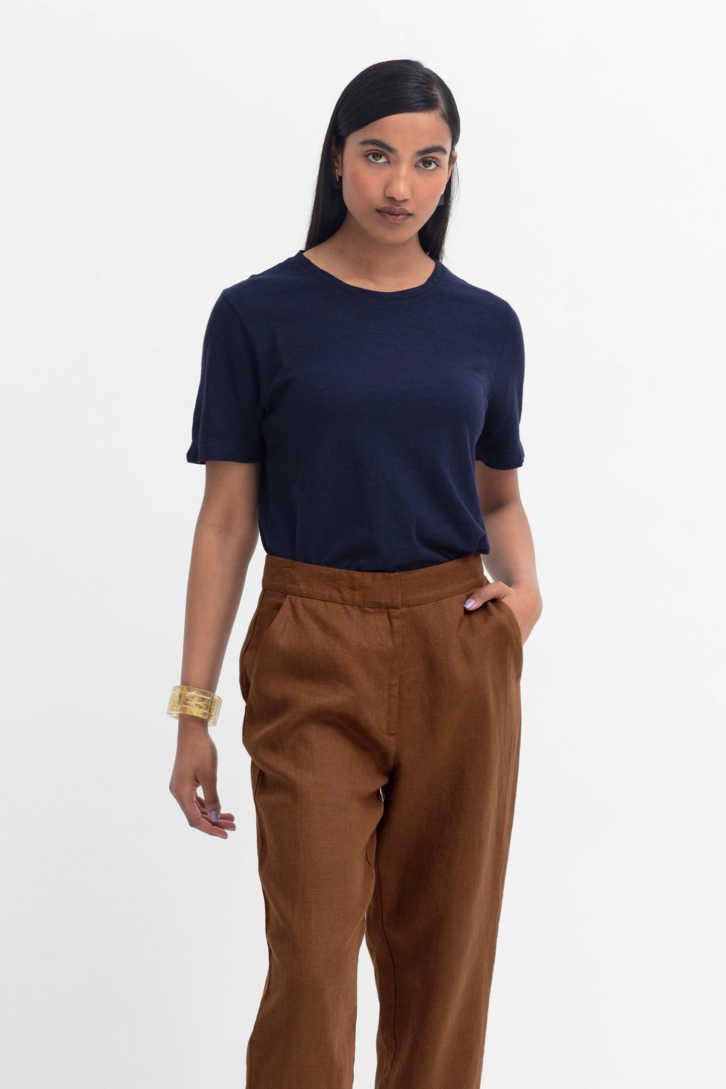 Jaana Organic Cotton and Hemp Jersey Crew Neck Tshirt Model Front Tucked | TWILIGHT
