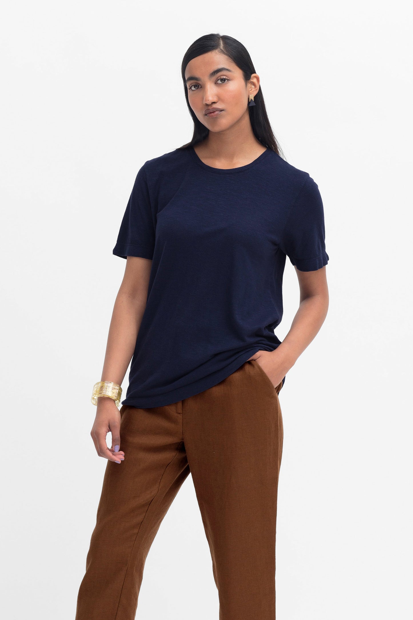 Jaana Organic Cotton and Hemp Jersey Crew Neck Tshirt Model Front Untucked | TWILIGHT