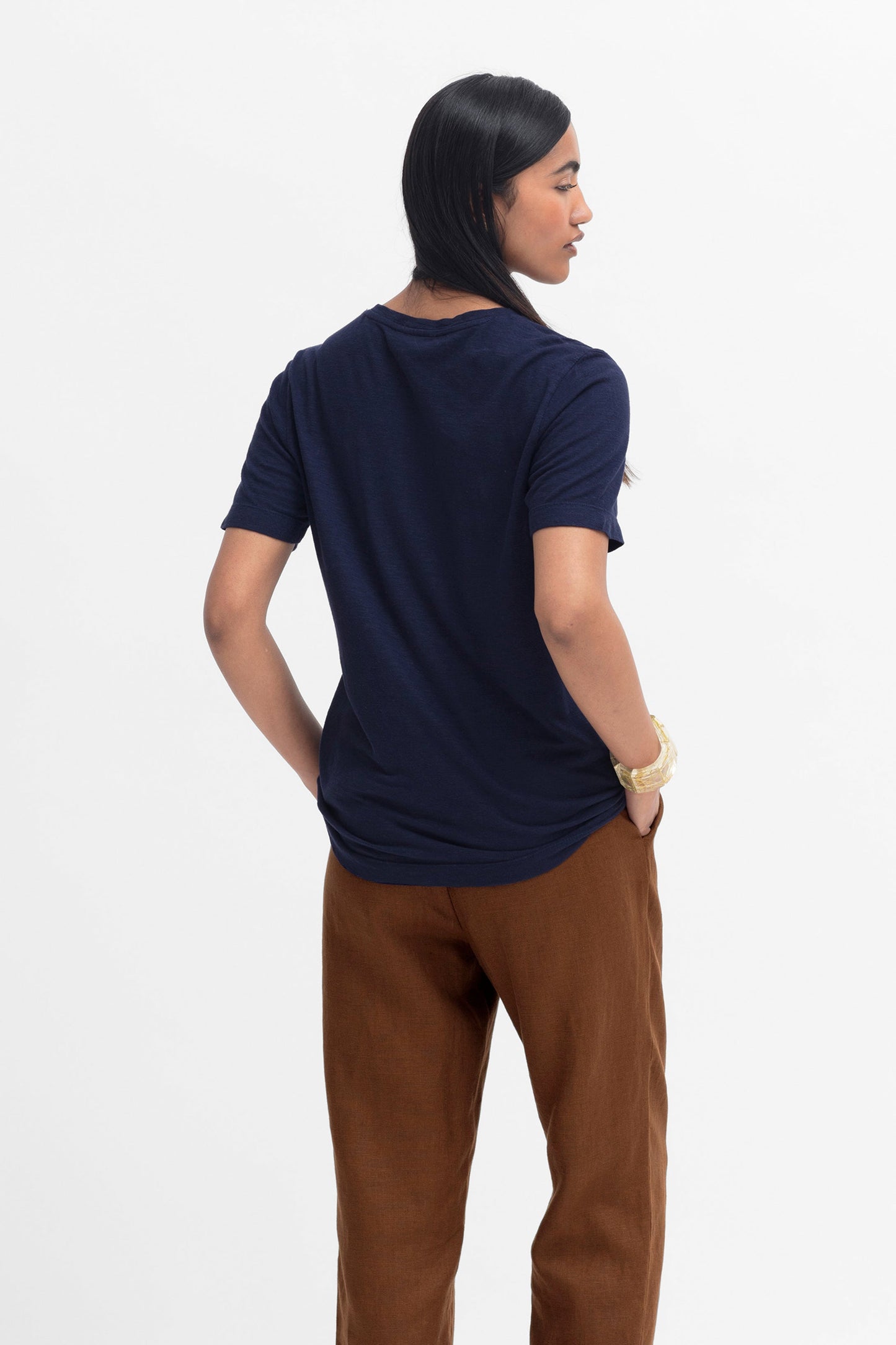 Jaana Organic Cotton and Hemp Jersey Crew Neck Tshirt Model Back | TWILIGHT