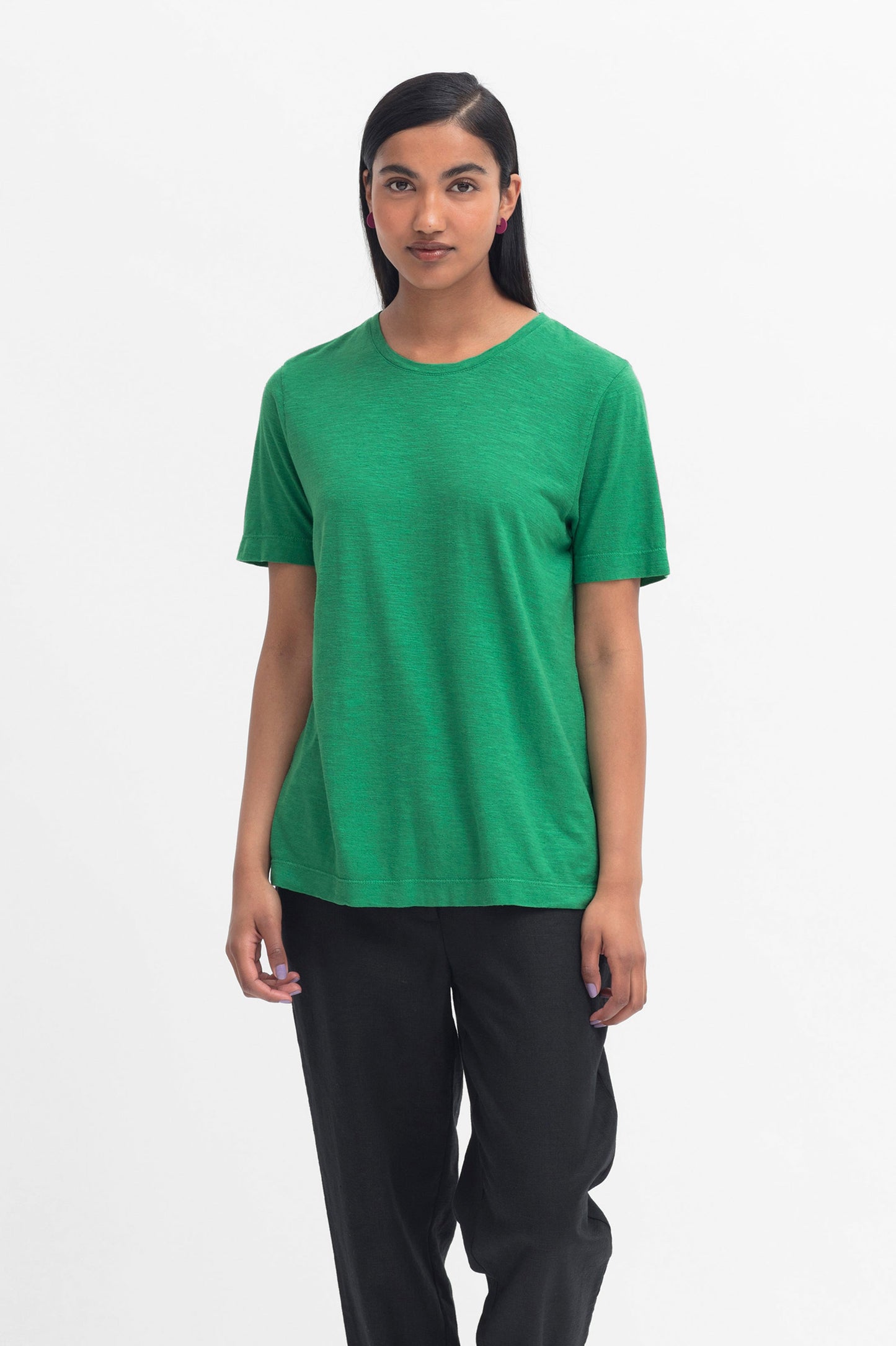 Jaana Organic Cotton and Hemp Jersey Crew Neck Tshirt Model Front | CEDAR GREEN