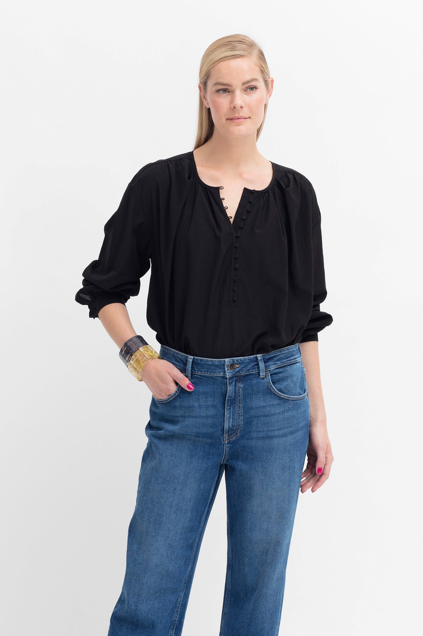 Fara Lightweight Collarless Button Up Blouse Shirt Model Front Tucked | BLACK
