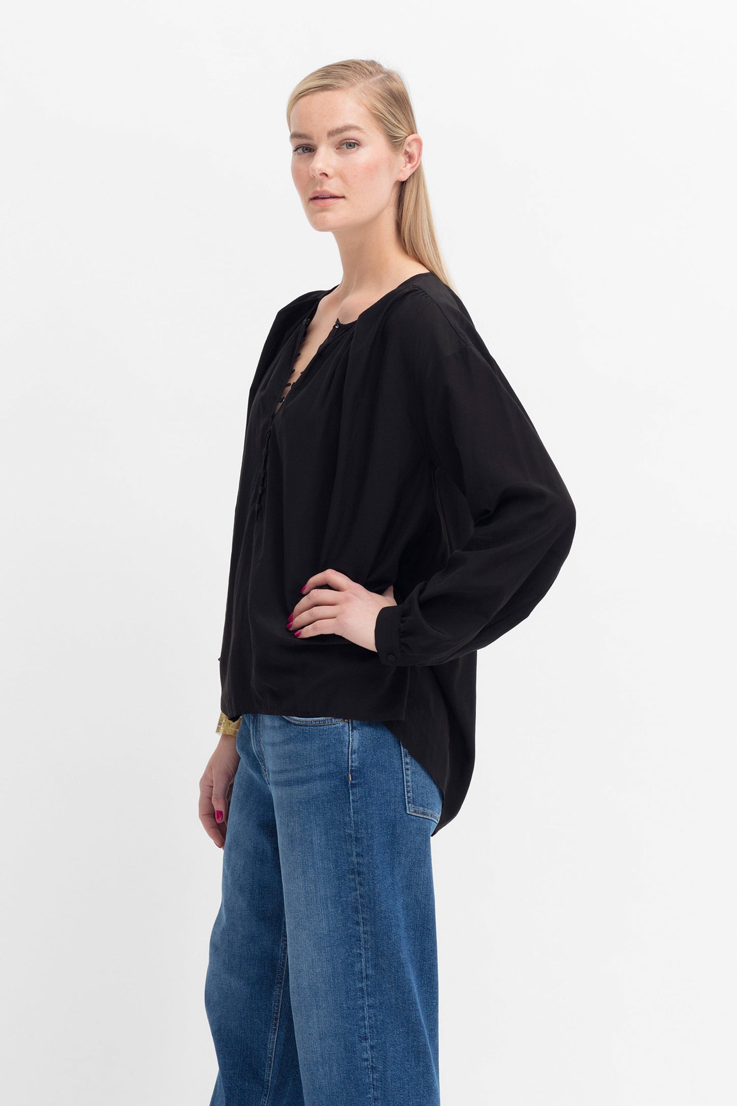 Fara Lightweight Collarless Button Up Blouse Shirt Model Side | BLACK