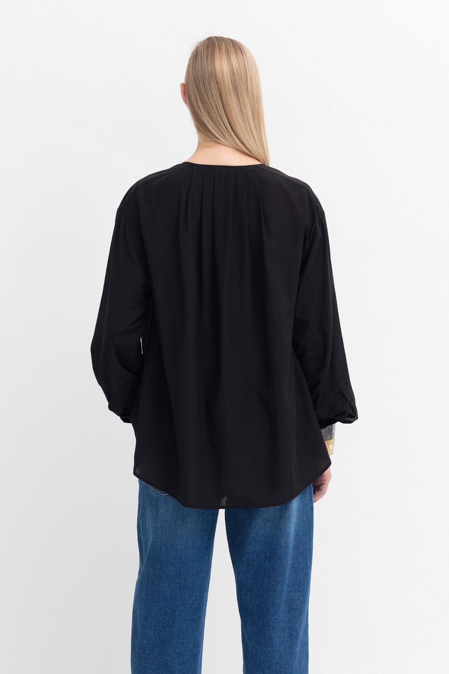 Fara Lightweight Collarless Button Up Blouse Shirt Model Front Full Back | BLACK