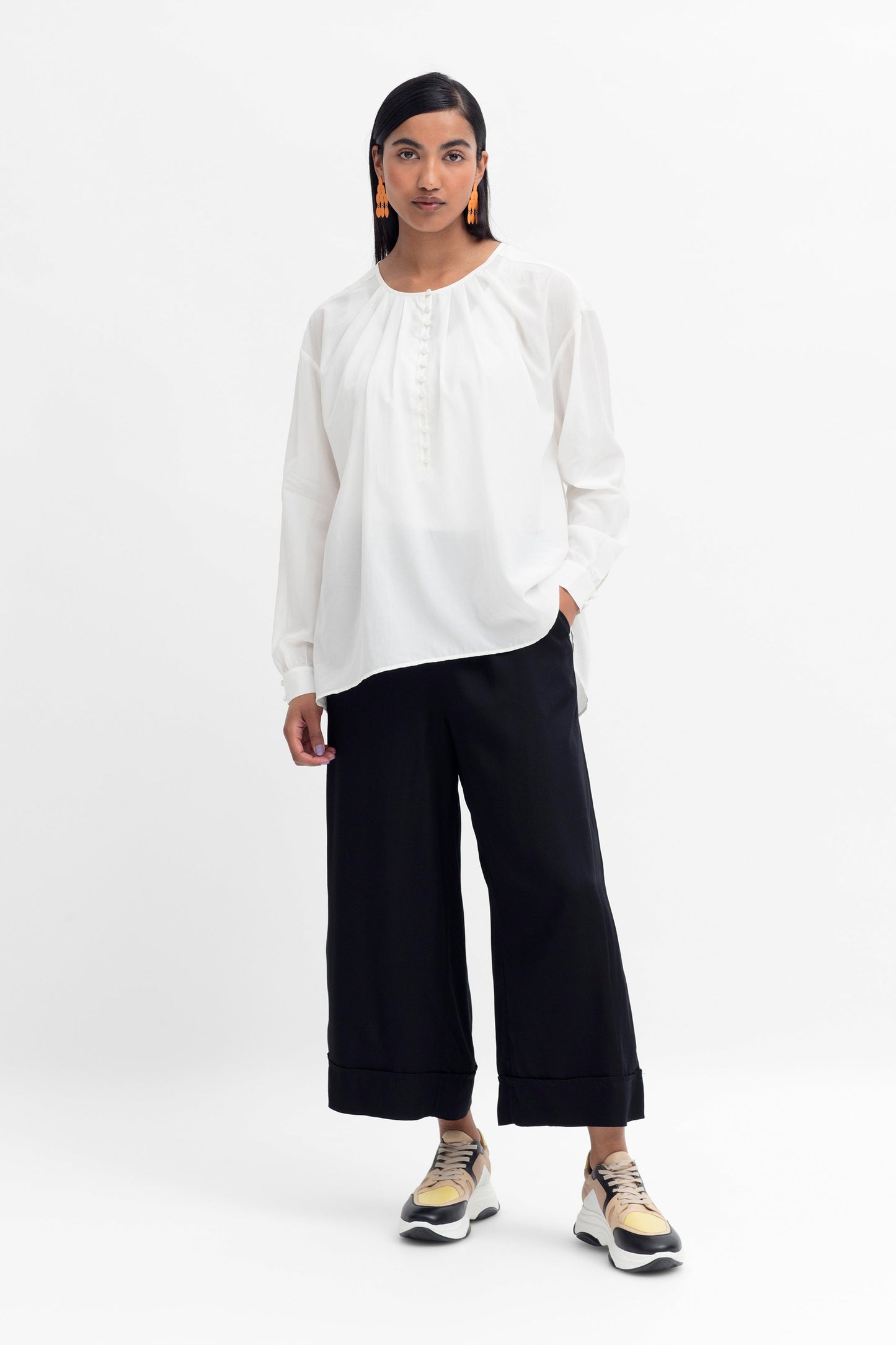 Fara Lightweight Collarless Button Up Blouse Shirt Model Front full body | WHITE