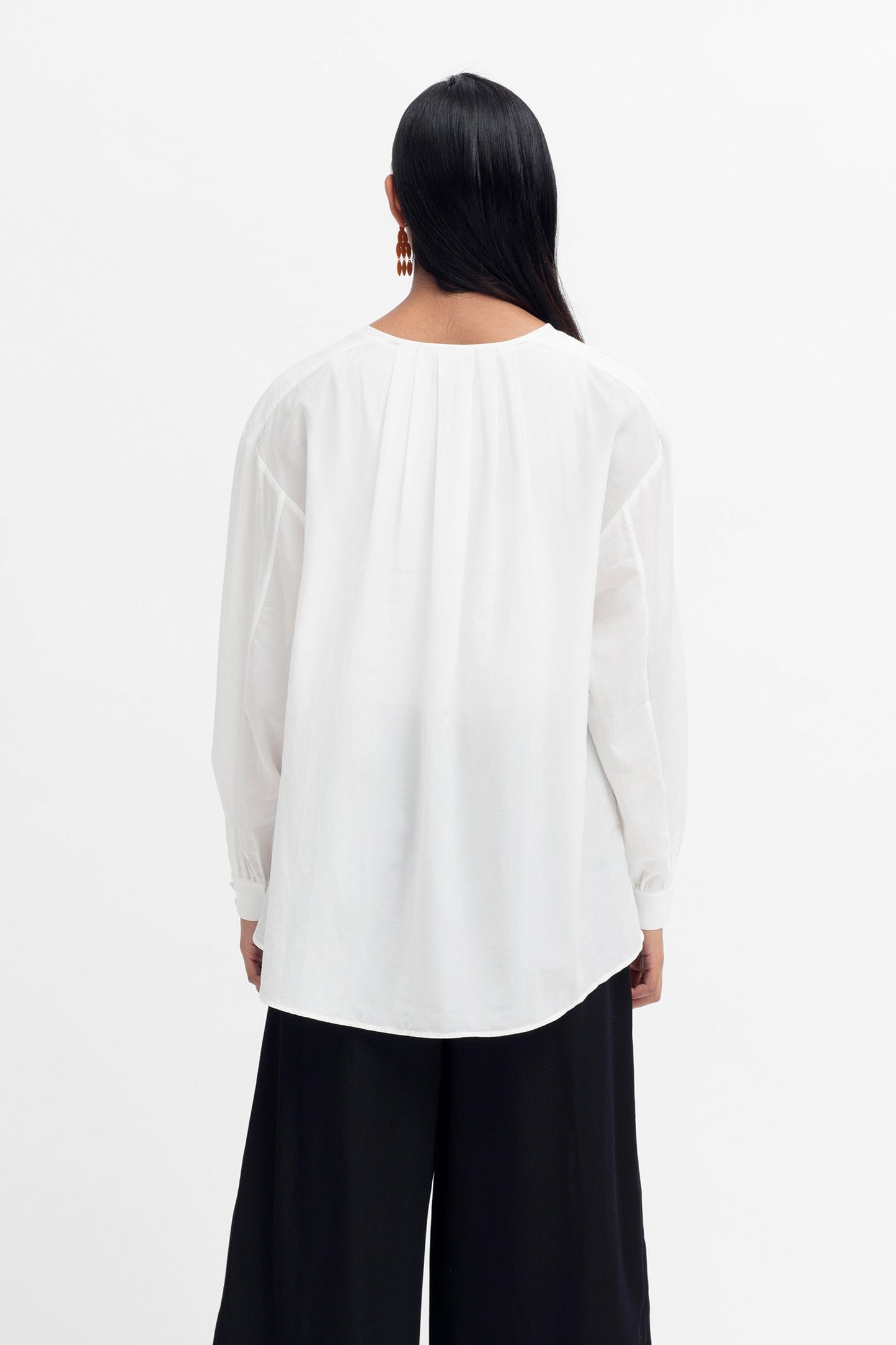 Fara Lightweight Collarless Button Up Blouse Shirt Model Back | WHITE