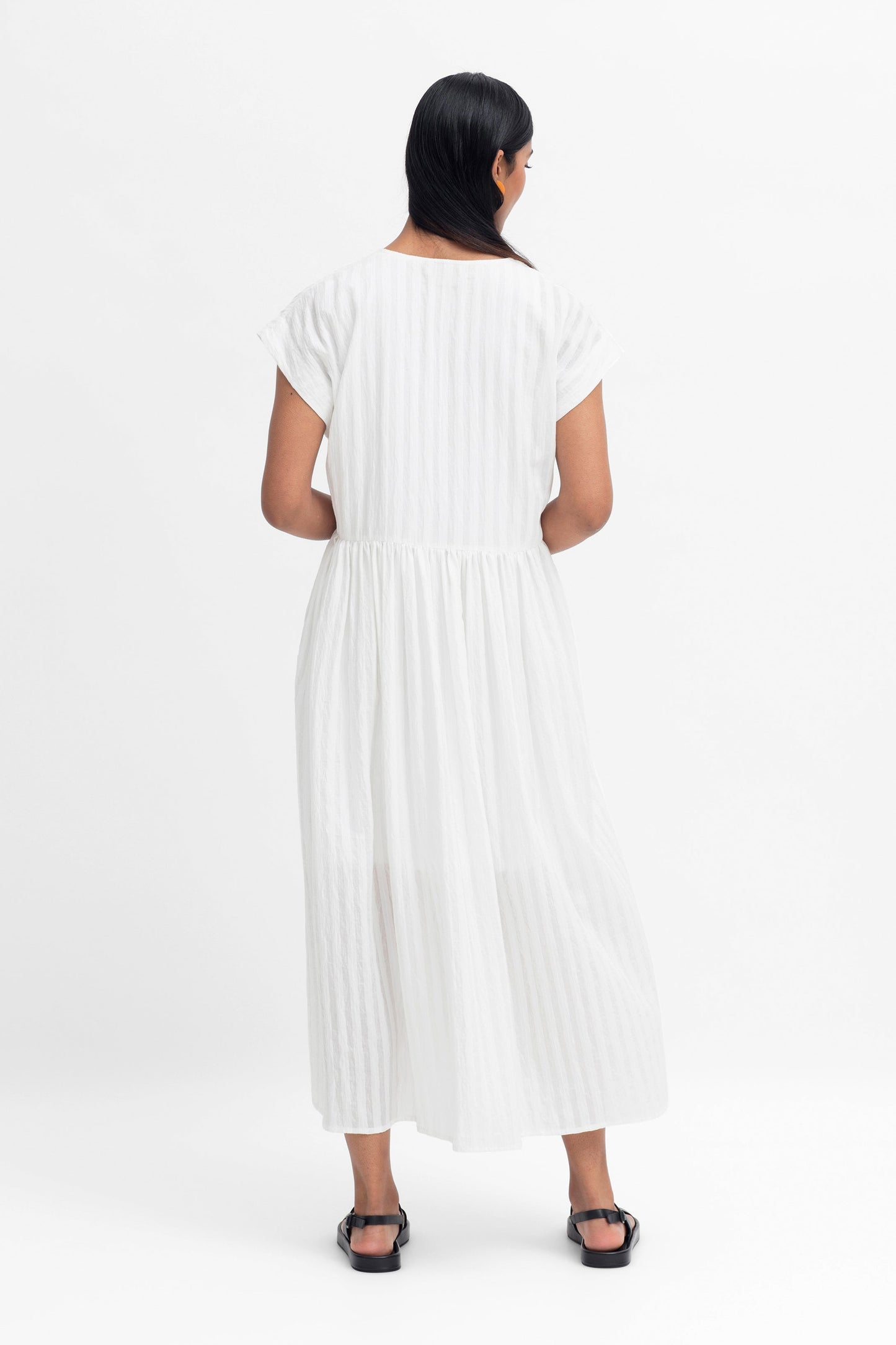 Ond Organic Cotton and Viscose Stripe V Neck Day Dress Model Back | WHITE