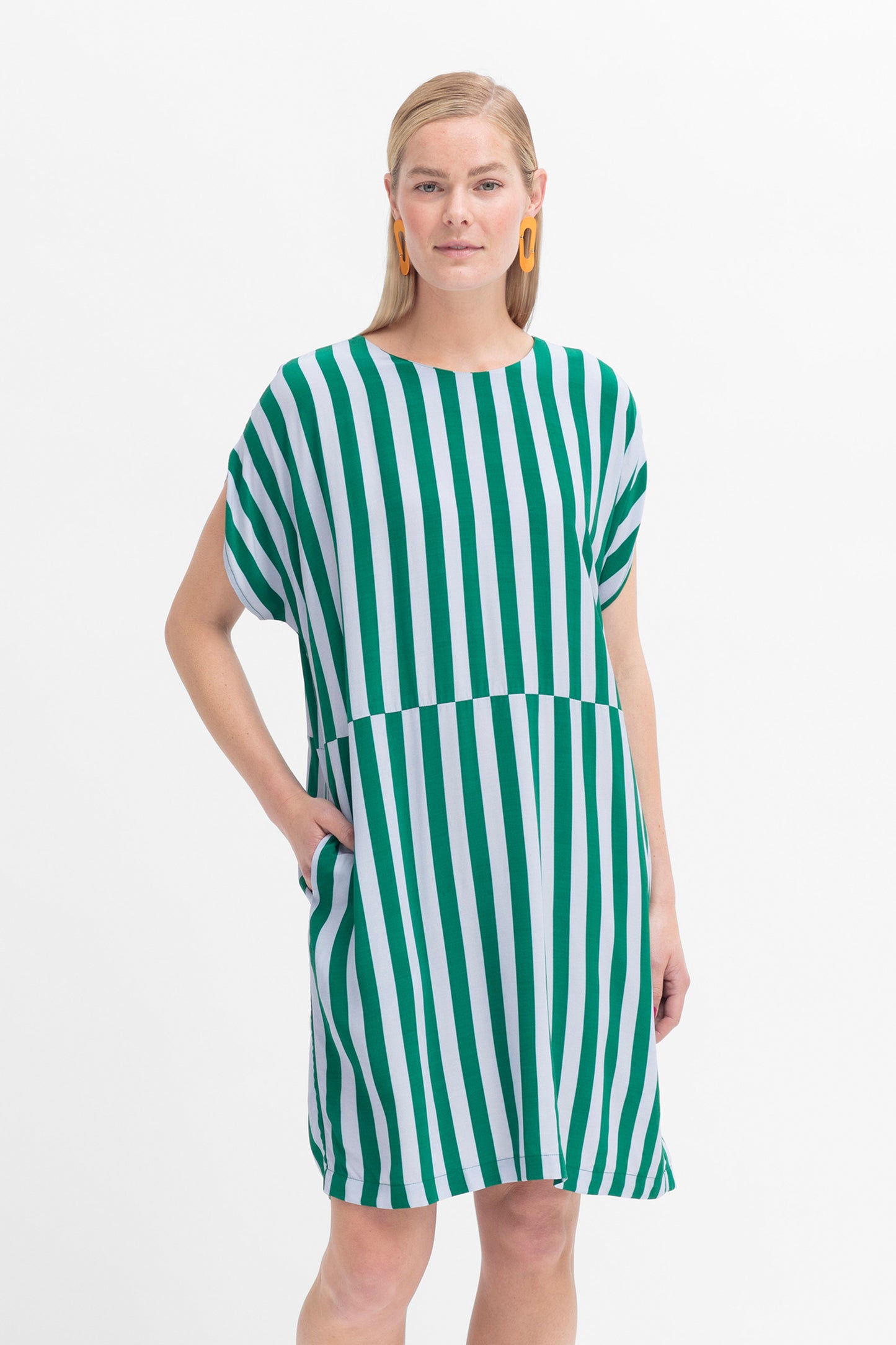 Maika Striped Silky Sustainable Viscose Short Shift Dress Model Front | LAVENDER CEDAR GREEN STRIPE