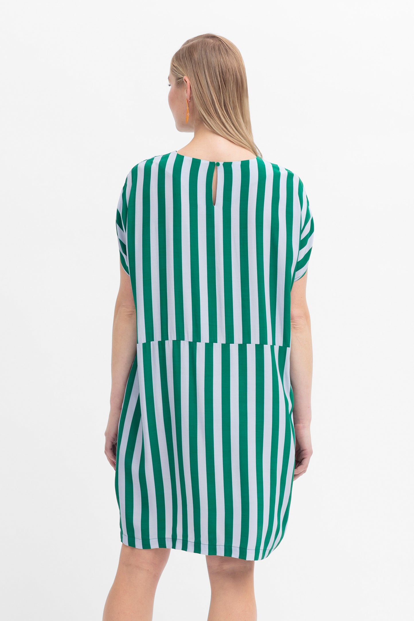 Maika Striped Silky Sustainable Viscose Short Shift Dress Model Back | LAVENDER CEDAR GREEN STRIPE