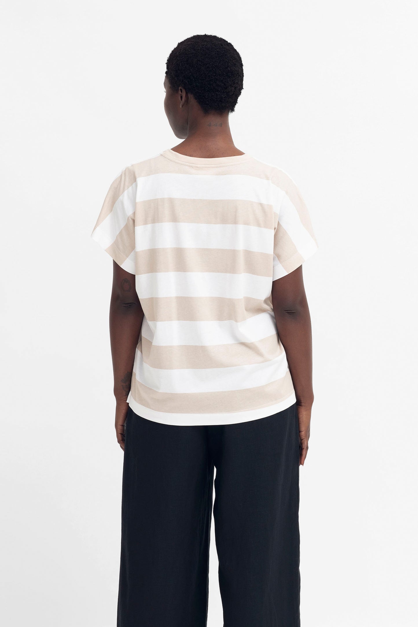 Maika Organic Cotton Stripe T-shirt Model Back | WHITE ECRU STRIPE