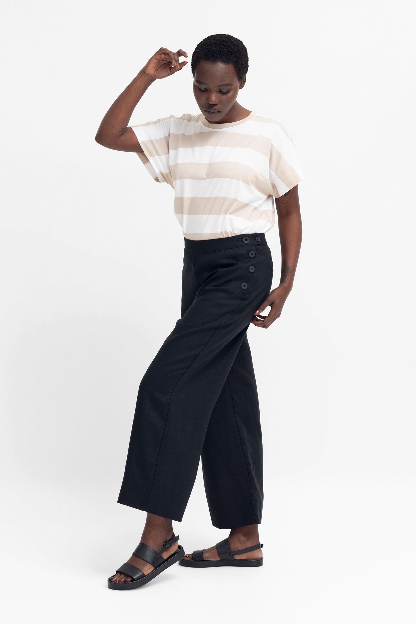 Maika Organic Cotton Stripe T-shirt Model Front full body | WHITE ECRU STRIPE