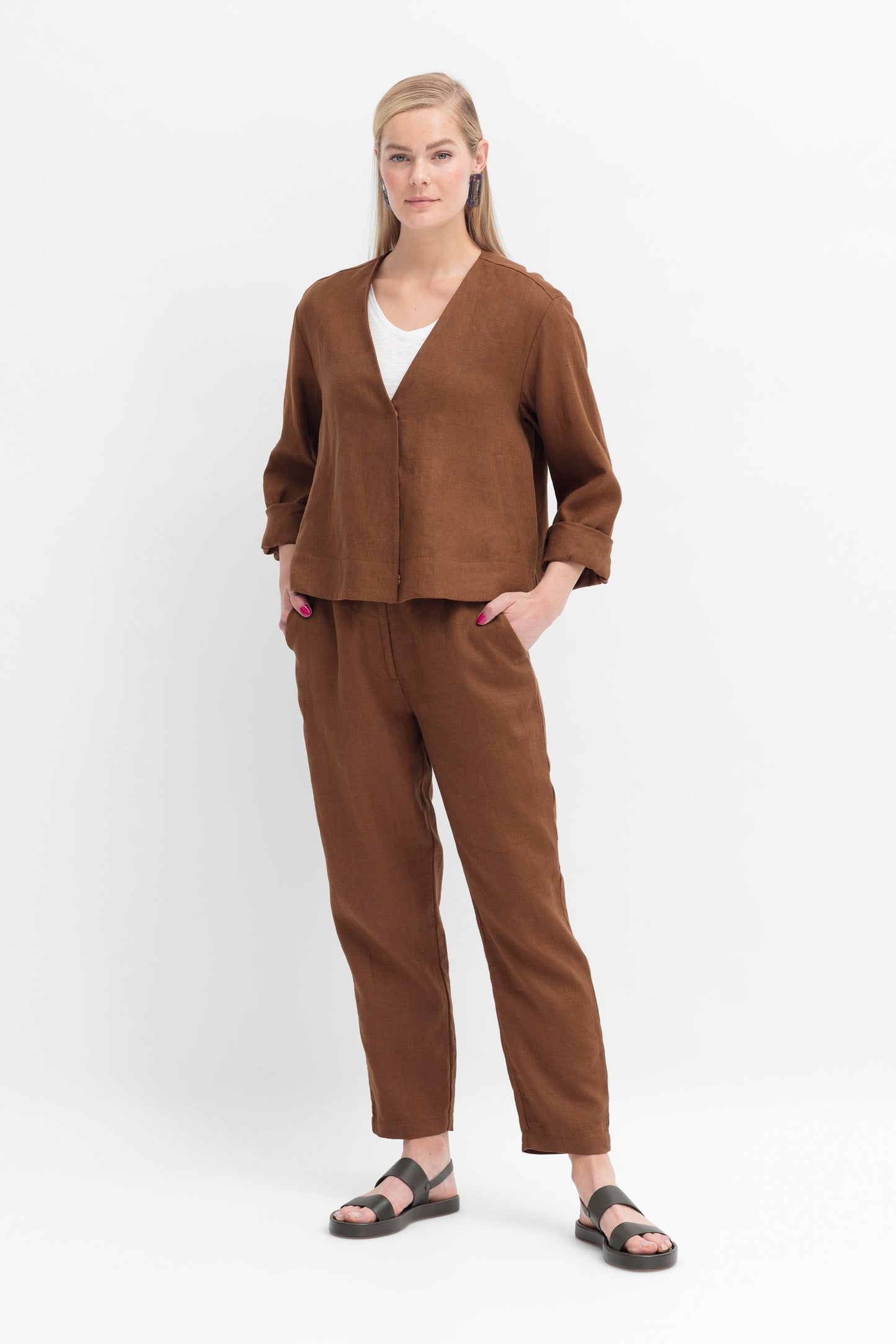 Fiene French Linen Tapered Pant Model Front with Fiene Jacket | BRONZE BROWN