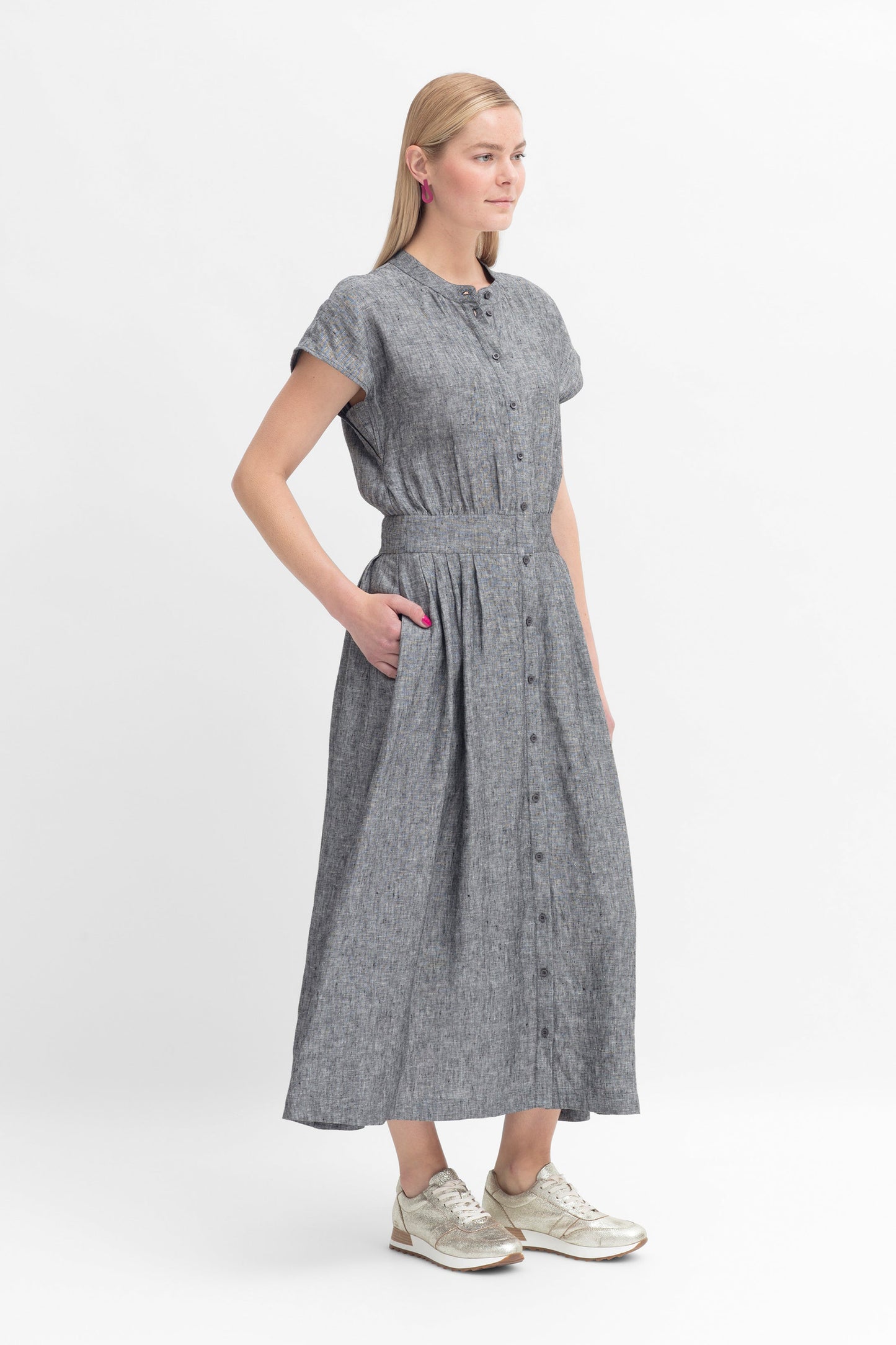Vlek Marle French Linen Waisted Collarless Shirt Dress Model Angled Front | CHARCOAL TWO TONE