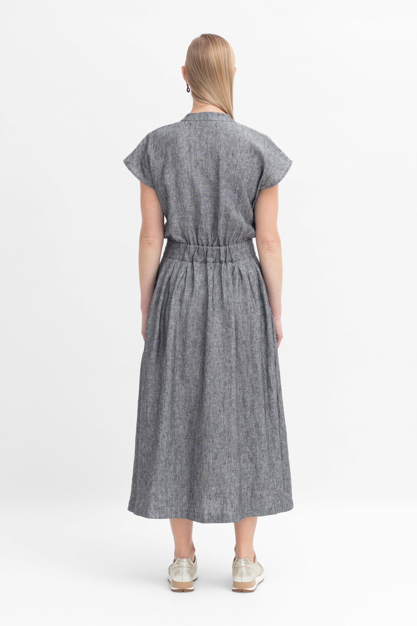 Vlek Marle French Linen Waisted Collarless Shirt Dress Model Back | CHARCOAL TWO TONE