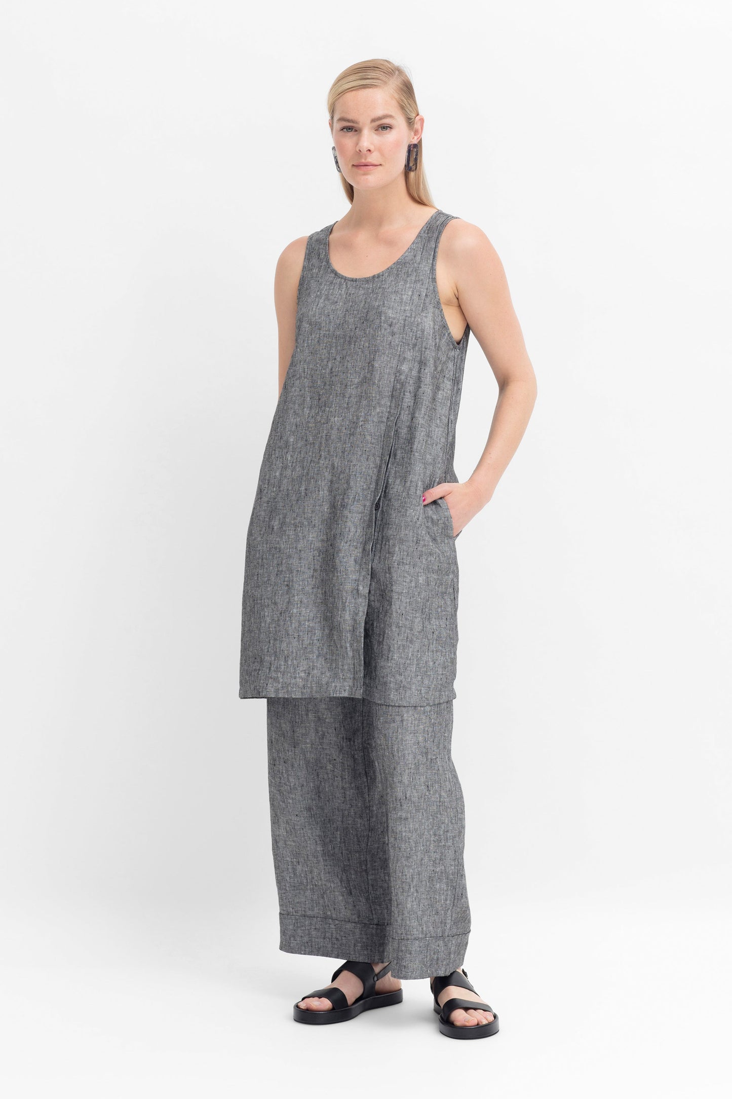 Vlek Marle French Linen Sleeveless Shift Dress Tunic Model Front With Pant | CHARCOAL TWO TONE