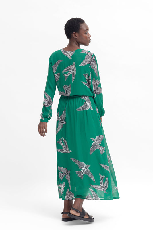 Gresja Long Sleeve V-neck Bird Print Dress Model Back | VOGEL PRINT