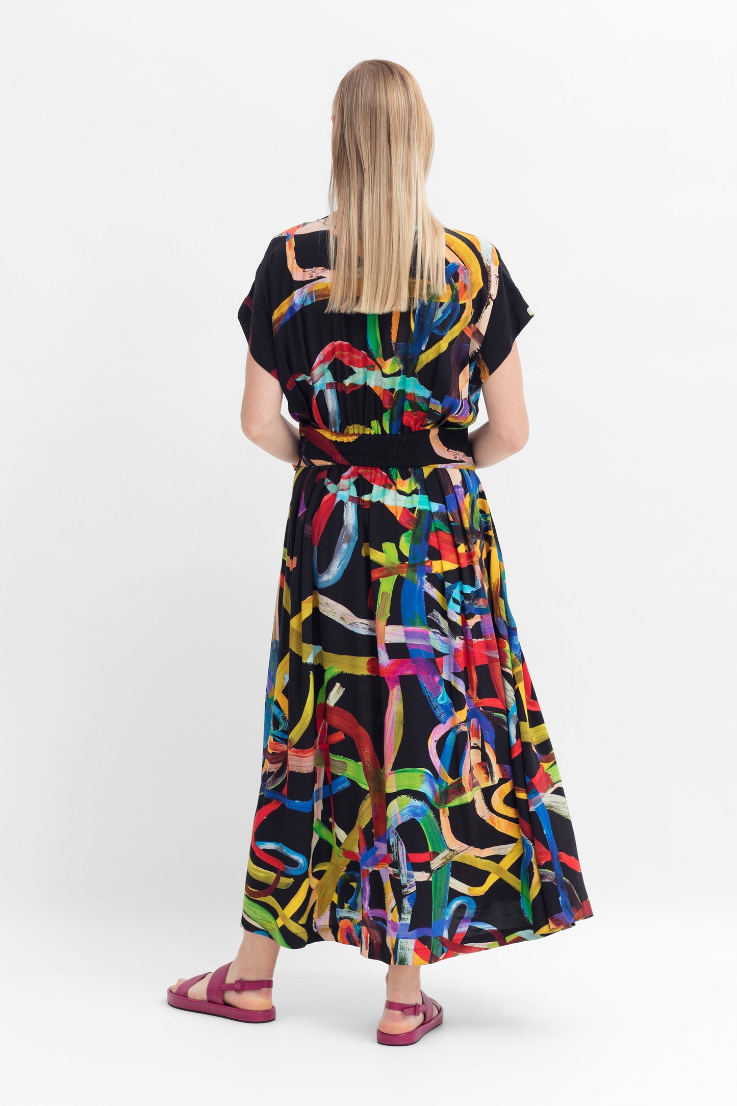 Kayra Statement Print Sustainably Viscose Silky Party Dress Model back Jess | FARVE PRINT