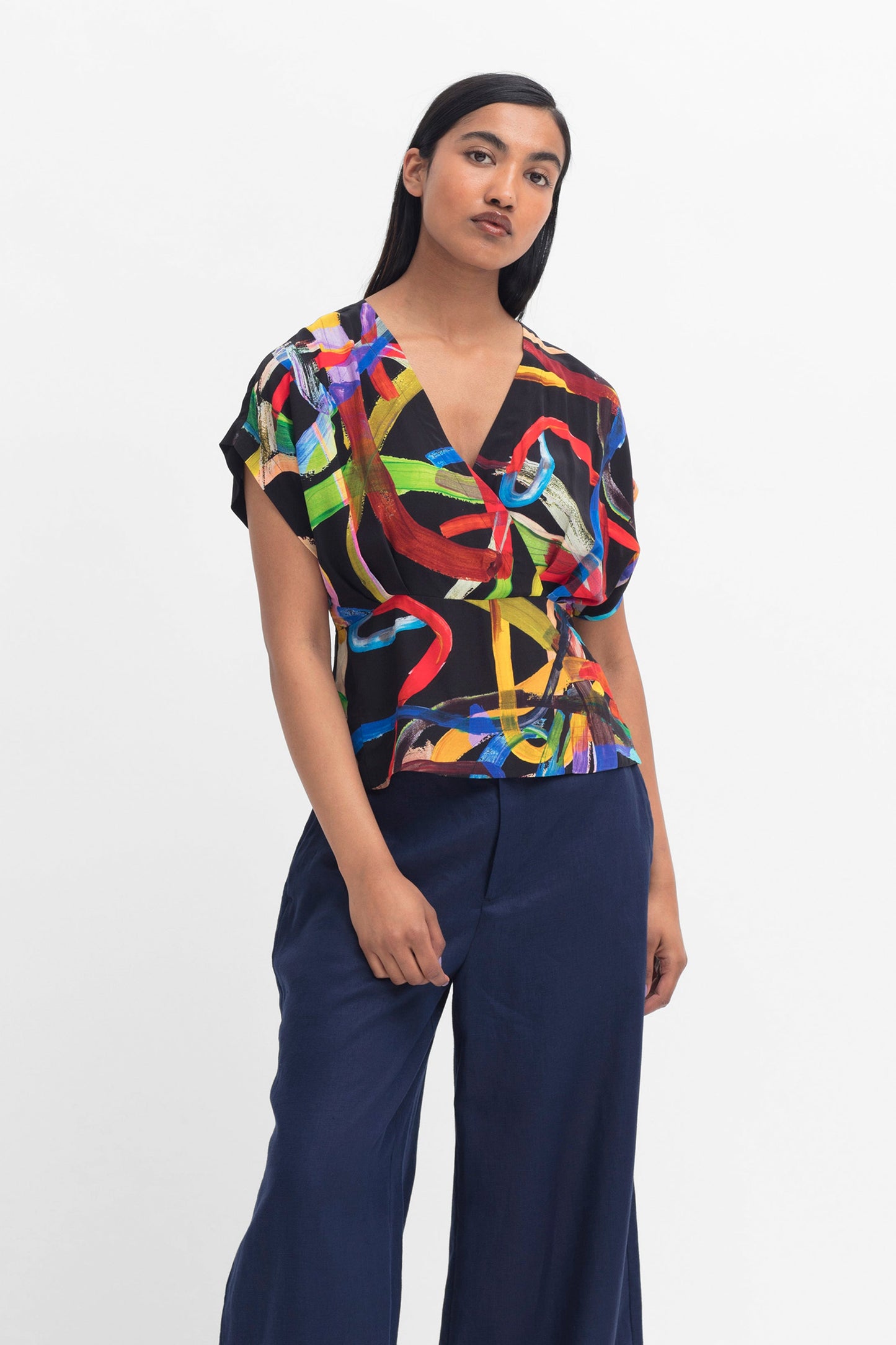 Kayra V neck Sustainable Viscose Statement Print Batwing Top Model Front | FARVE PRINT