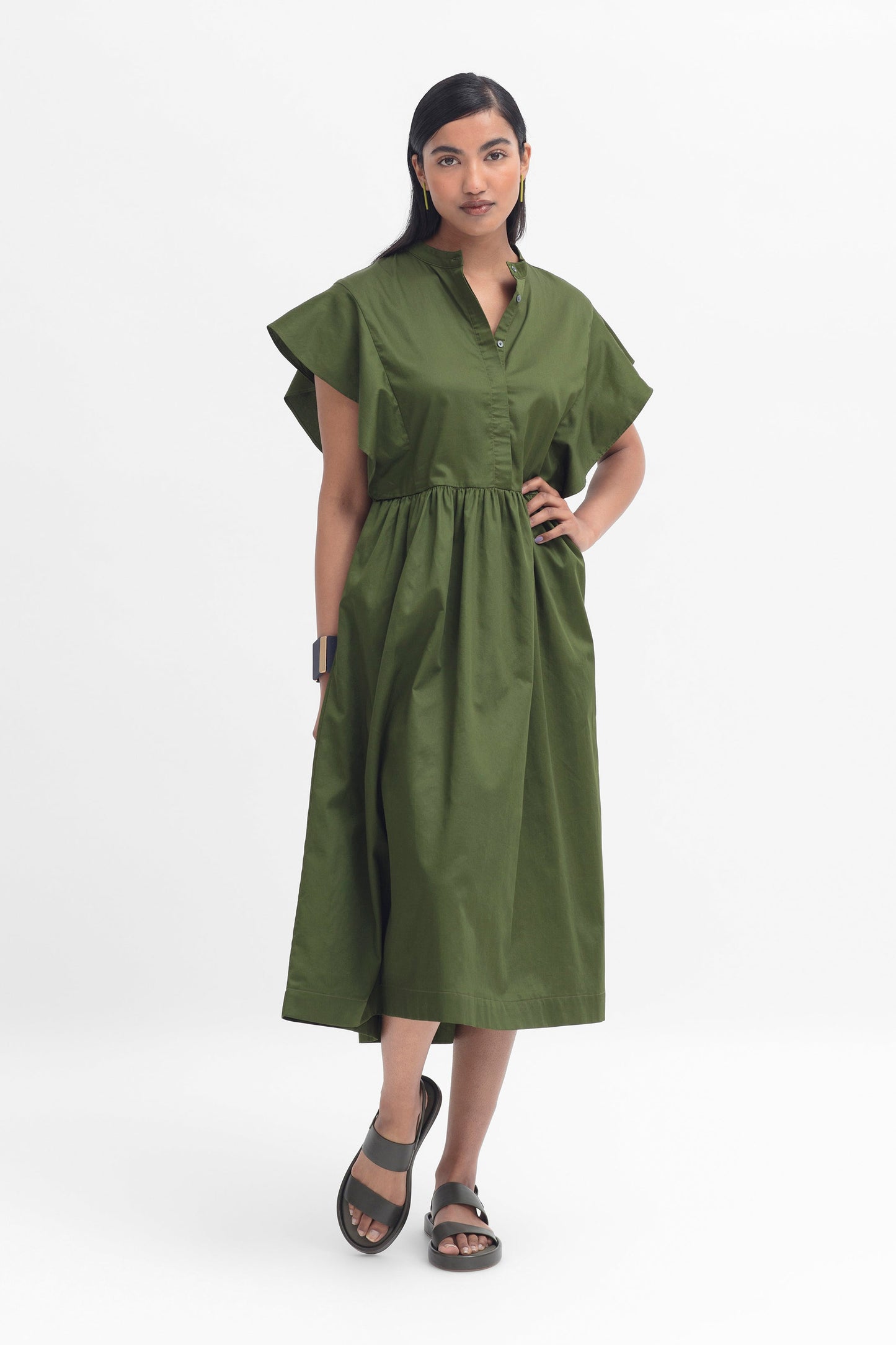 Aiva Organic Cotton Midi Ruffle Sleeve Dress Model Front | OLIVE