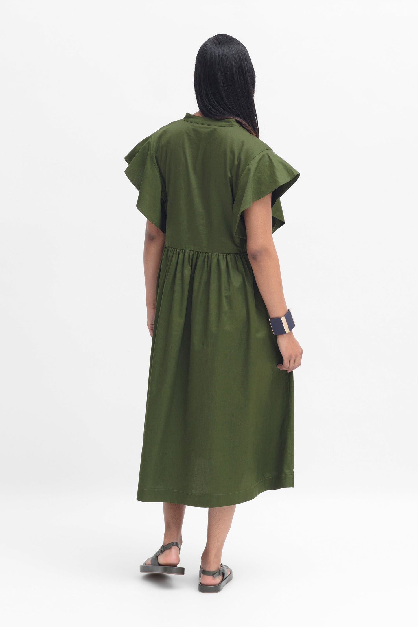 Aiva Organic Cotton Midi Ruffle Sleeve Dress Model Back | OLIVE