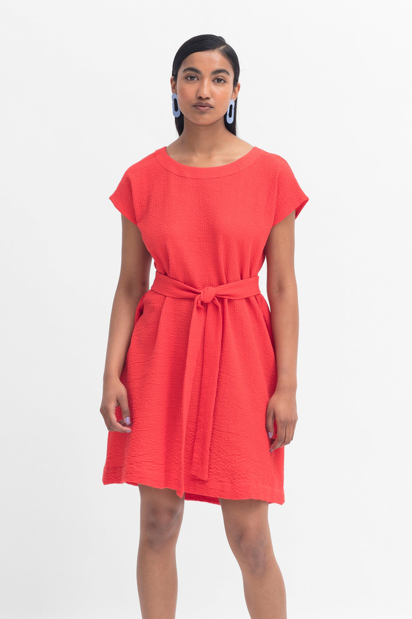 Otilde Organic Cotton Seersucker Cap Sleeve Shift Dress Model Front | BRIGHT RED