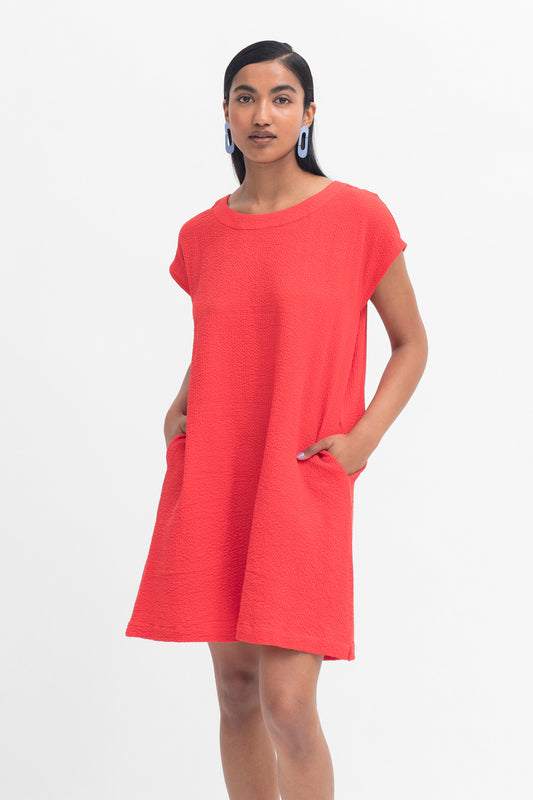 Otilde Organic Cotton Seersucker Cap Sleeve Shift Dress Model Front | BRIGHT RED
