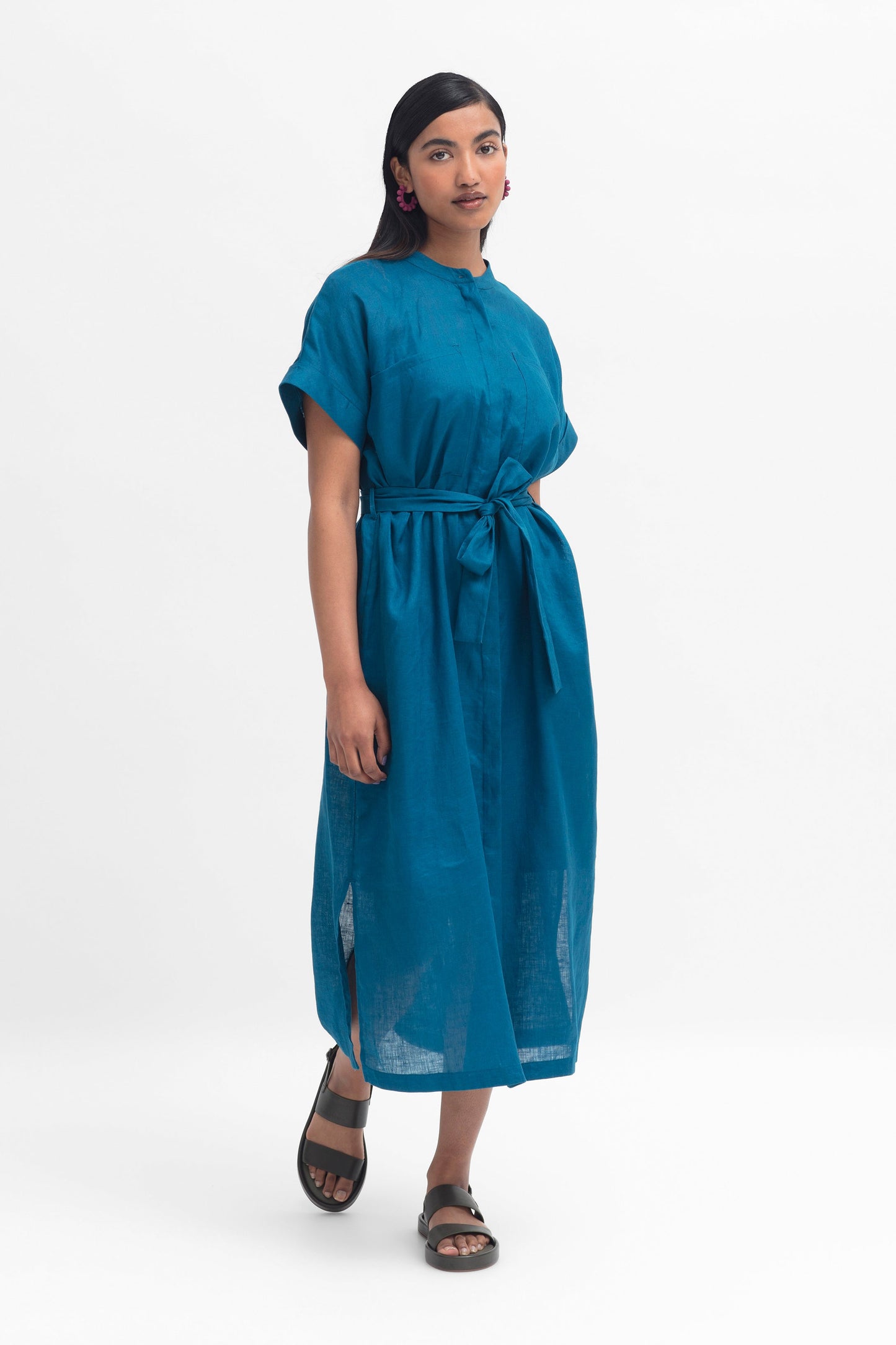 Mies French Linen Collarless Shirt Dress with Tie and Slip Model Front | TEAL