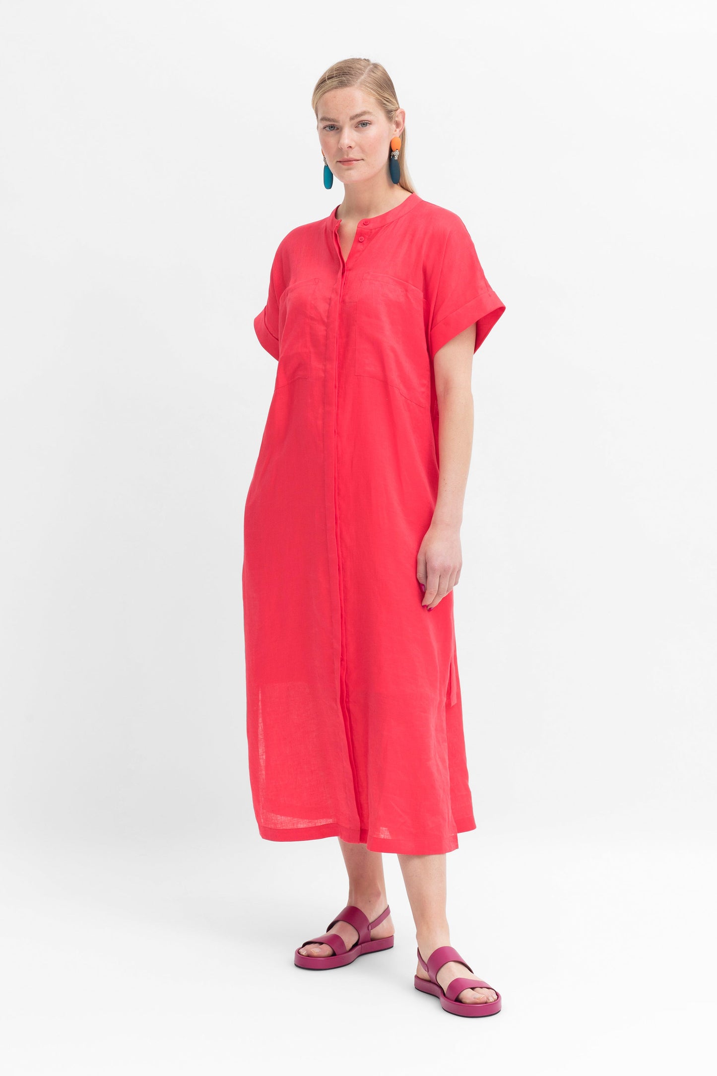 Mies French Linen Collarless Shirt Dress with Tie and Slip Model Front untied | CORAL PINK