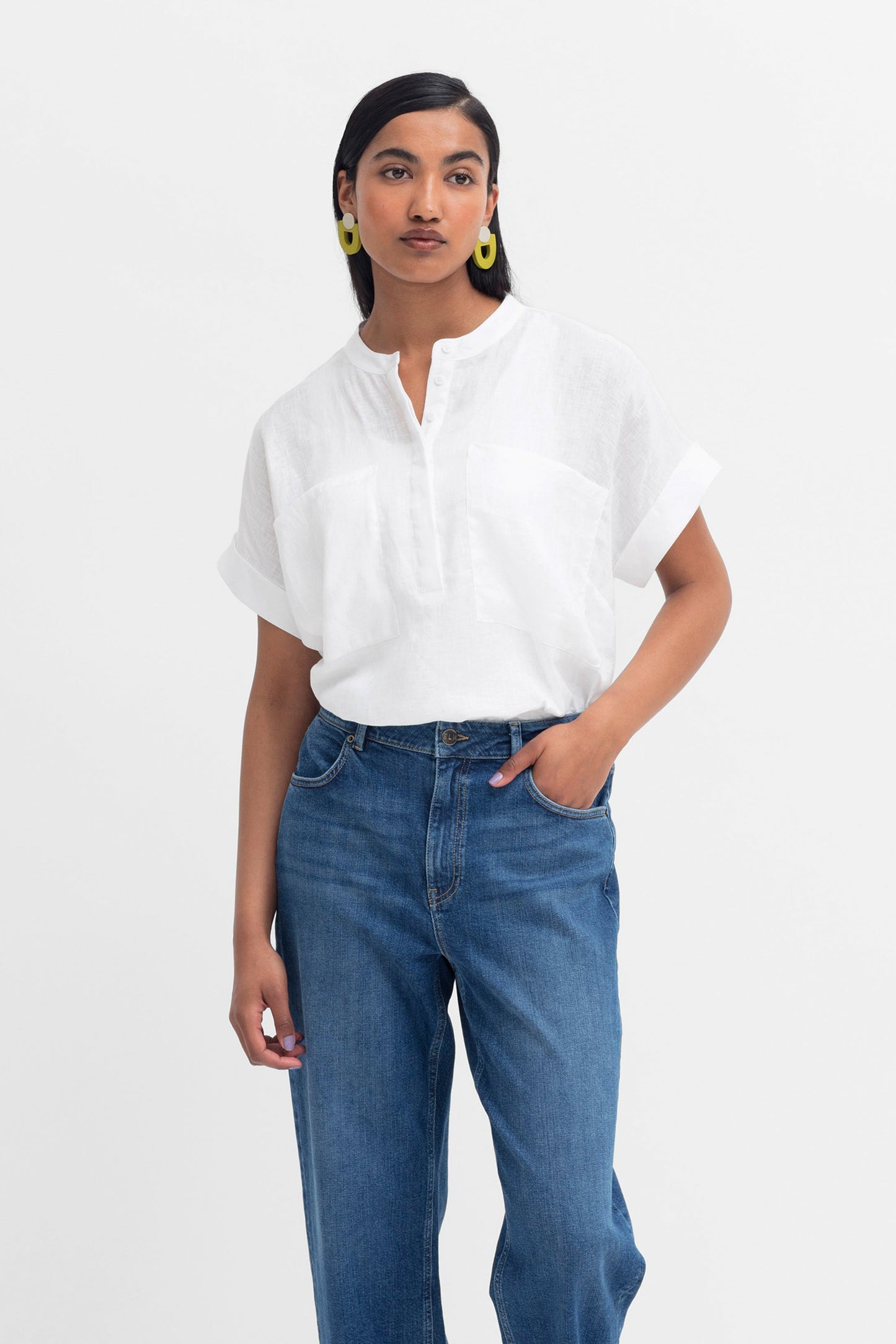 Mies French Linen Collarless Short Sleeve Shirt Model Front Tucked | WHITE
