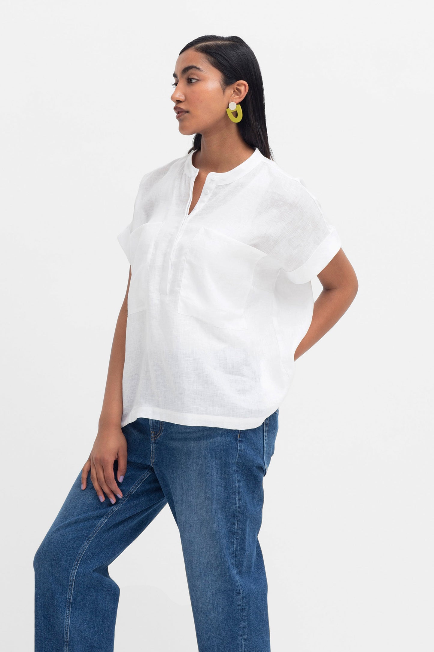 Mies French Linen Collarless Short Sleeve Shirt Model Side | WHITE