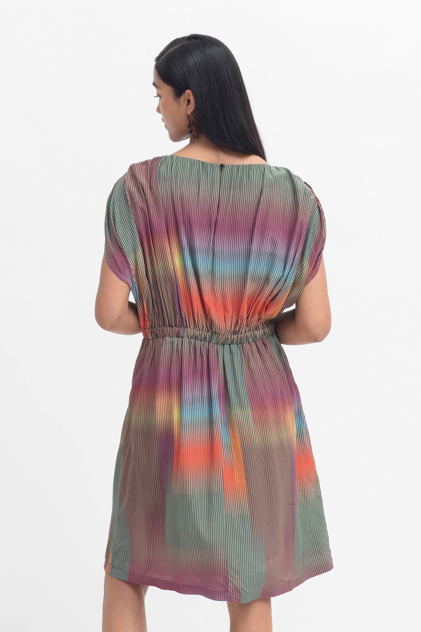 Filma Elastic Waist Print Knee Length Dress Model Angled Back | OLIVE VISSEN PRINT