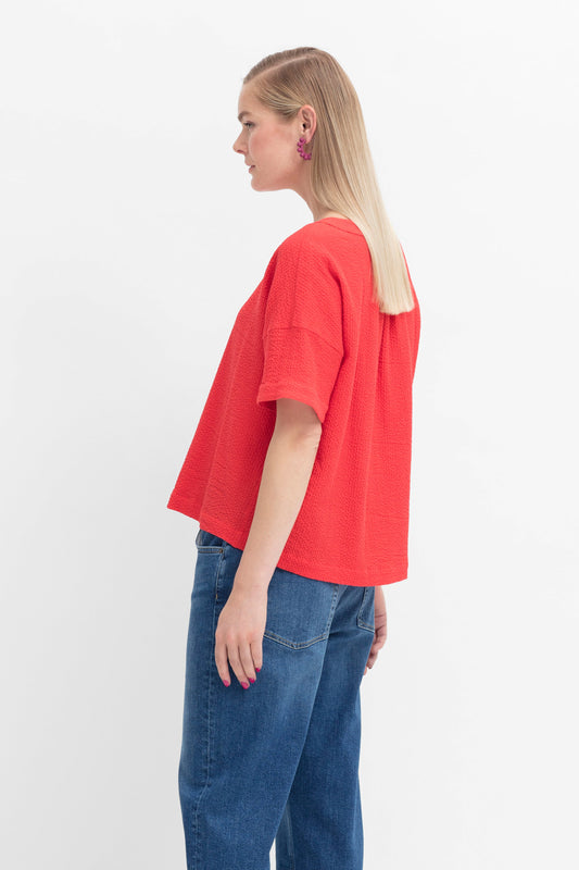 Otilde Organic Cotton Seersucker Top Model Side | BRIGHT RED