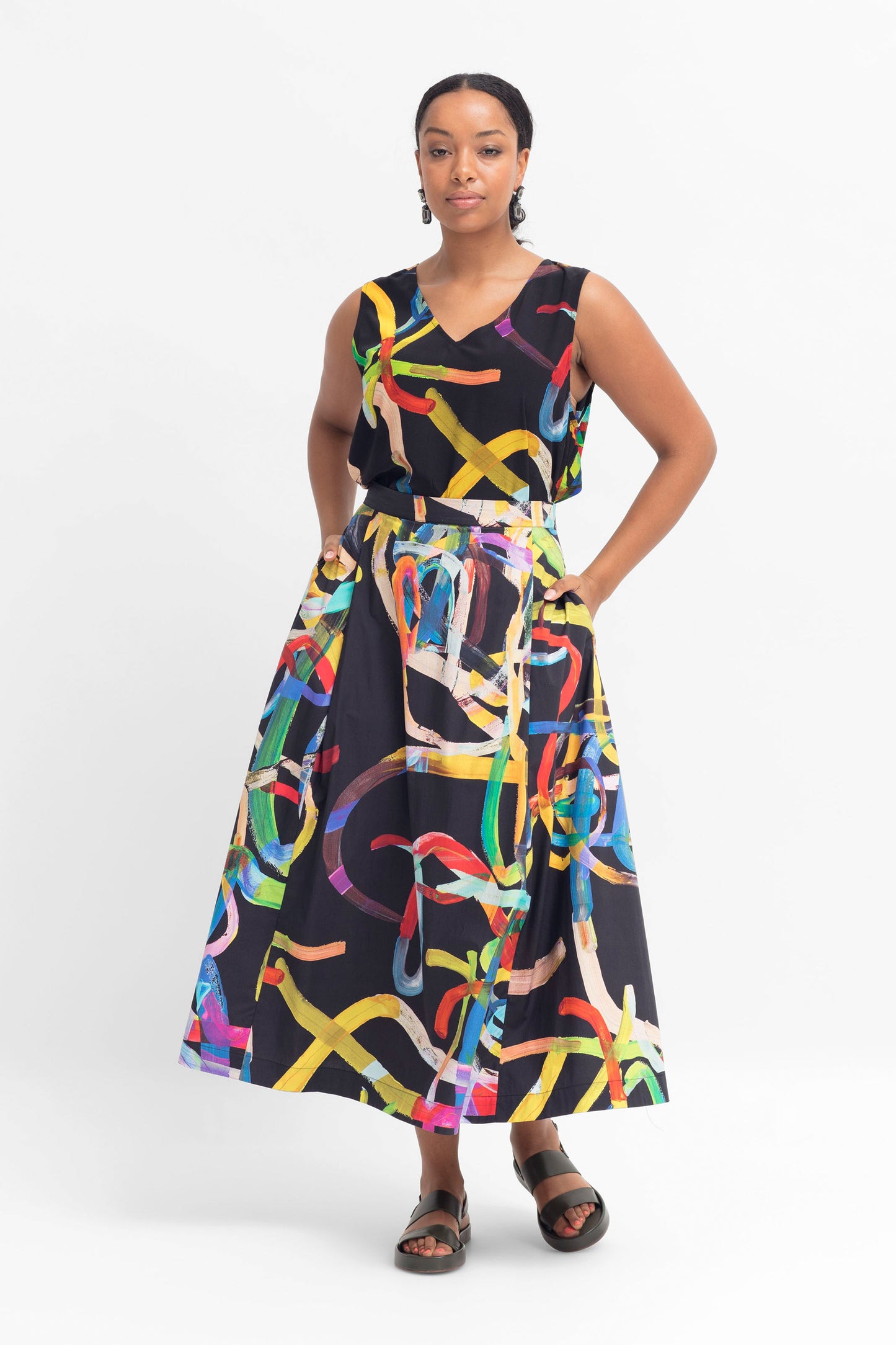 Kayra Statement Print Full Length Organic Cotton Swing Skirt Model Front 2 | FARVE PRINT