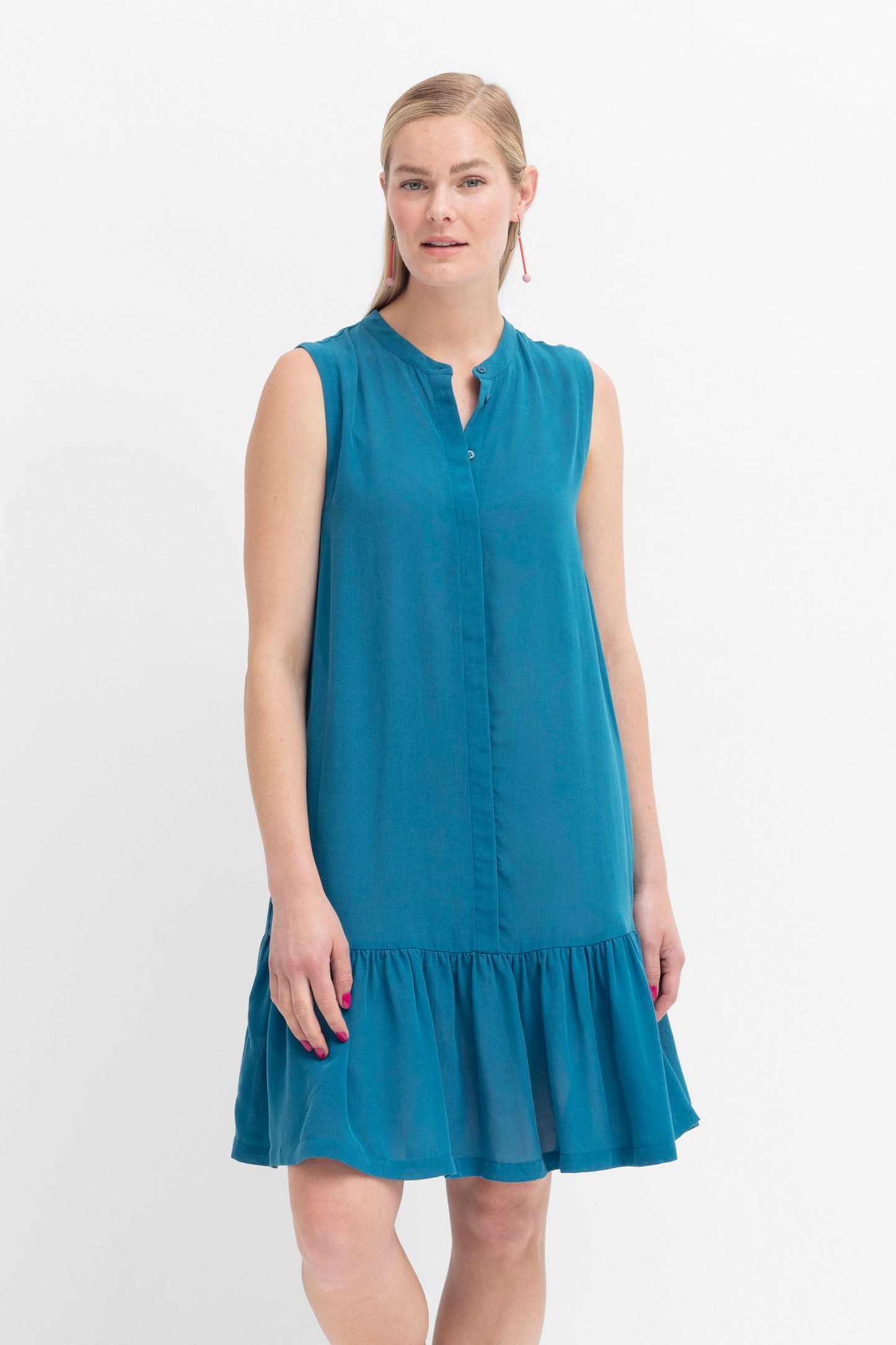 Stuha Collarless Sleeveless Button-down Drop Waist Ruffle Dress Model Front | TEAL