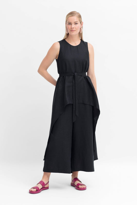 Neza Top and Pant-look Statement Linen Jumpsuit Model Front tied | BLACK