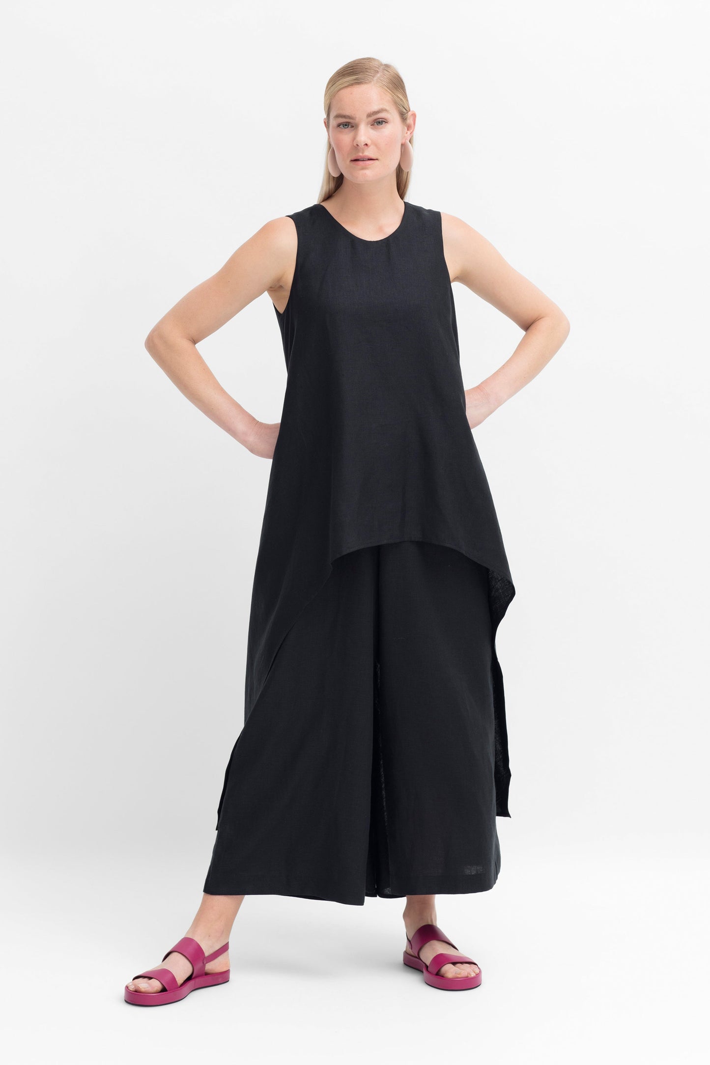 Neza Top and Pant-look Statement Linen Jumpsuit Model Front | BLACK