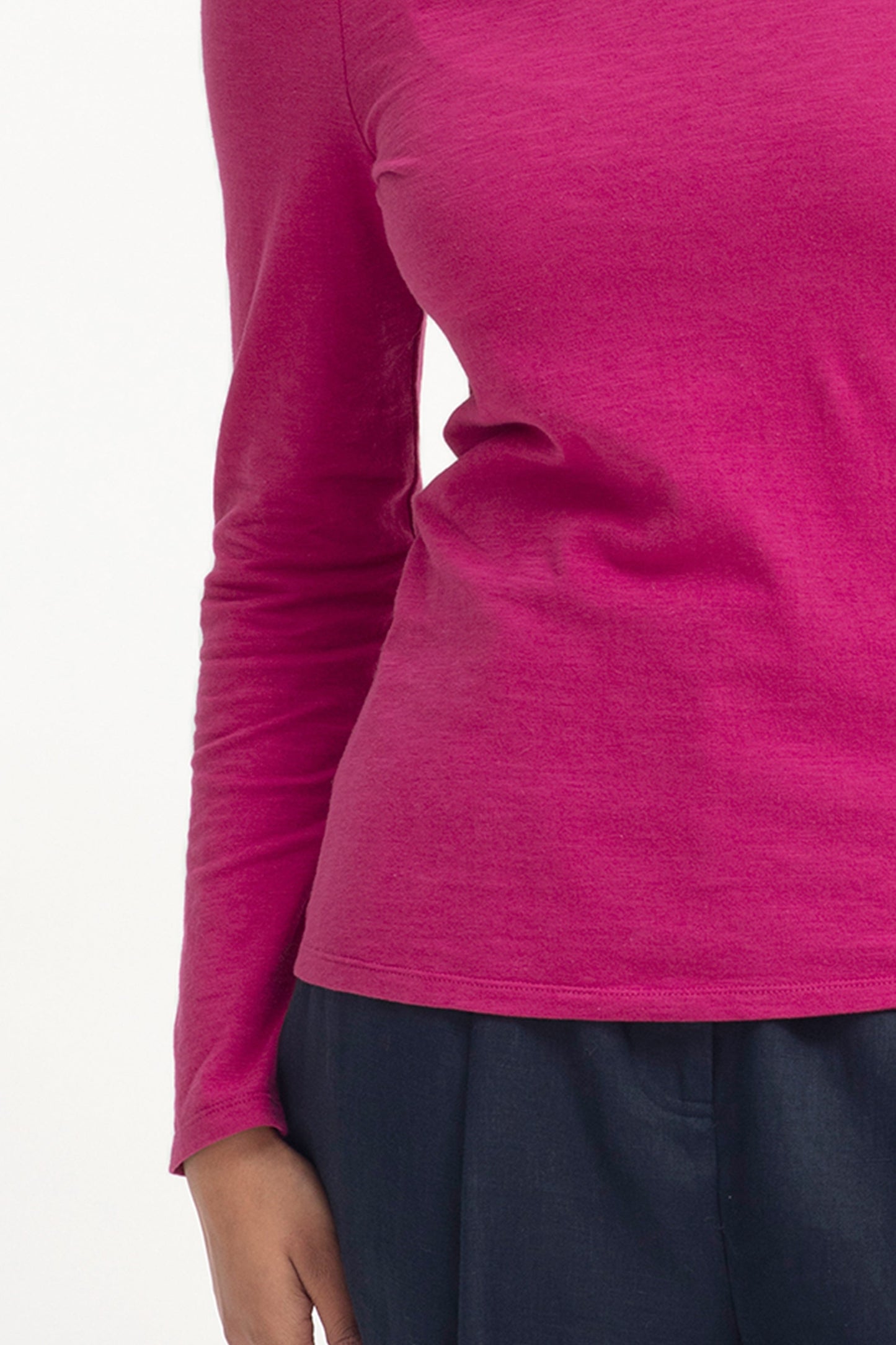 Aryra Hemp and Organic Cotton Basic Long Sleeve Tshirt Model Detail | BRIGHT PINK