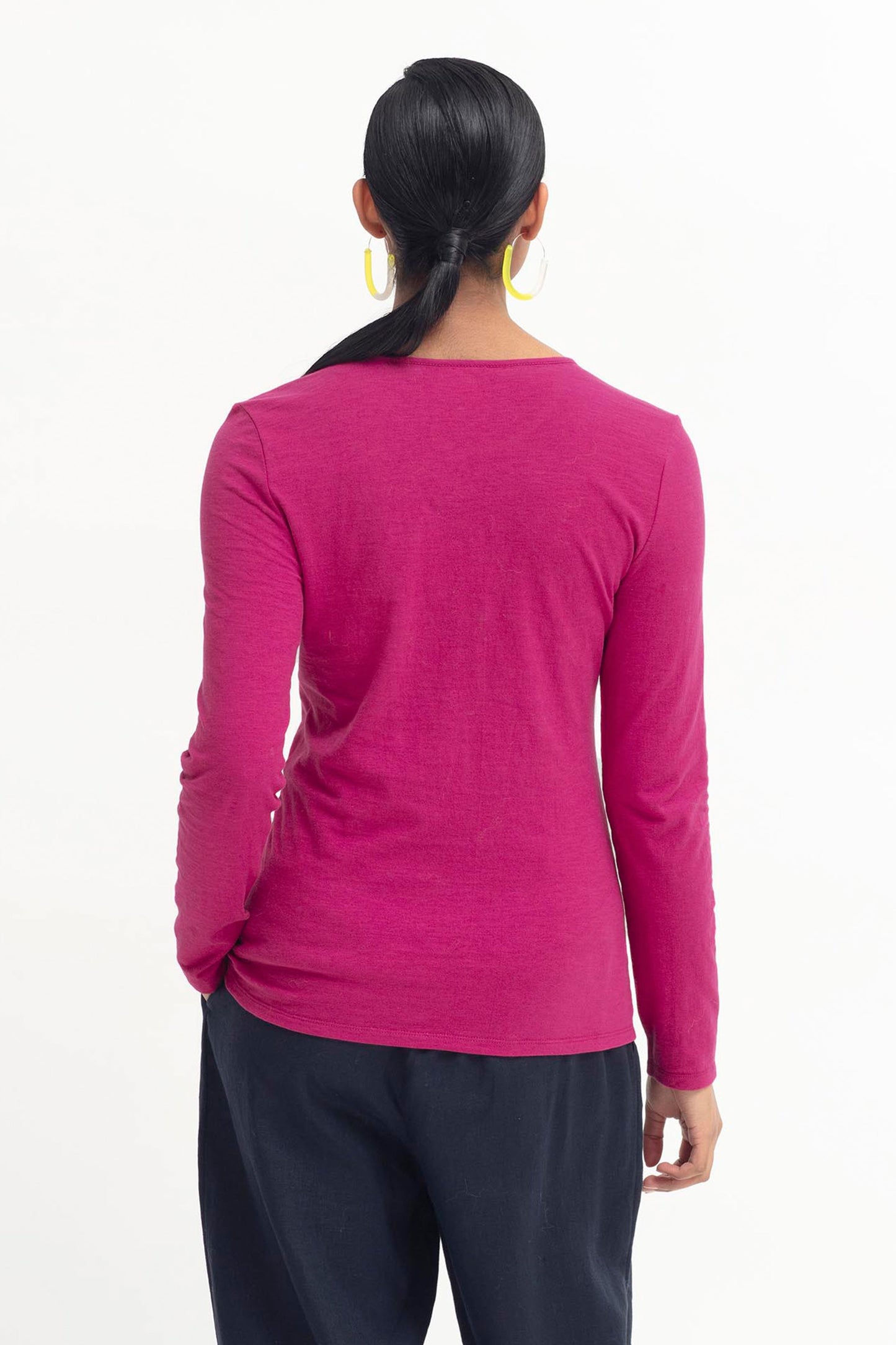 Aryra Hemp and Organic Cotton Basic Long Sleeve Tshirt Model Back | BRIGHT PINK