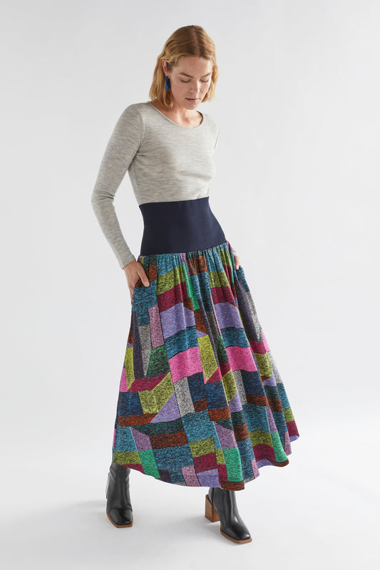 Del Multi-coloured Patchwork Print Wide Waist Band Long Skirt Model Front | MIDJA PRINT